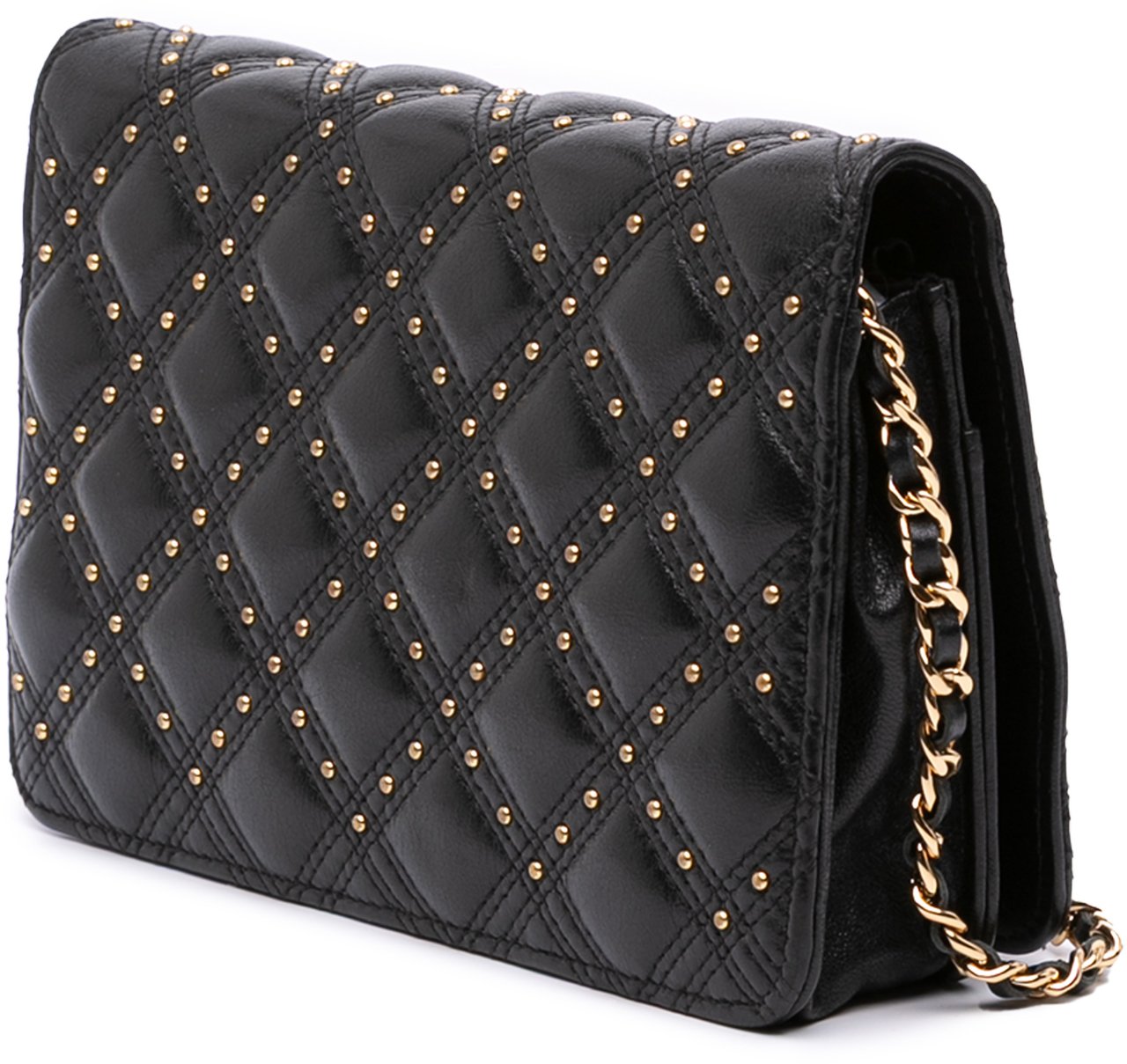 Chanel Lambskin Studded Diamond Stitch Wallet On Chain Zwart