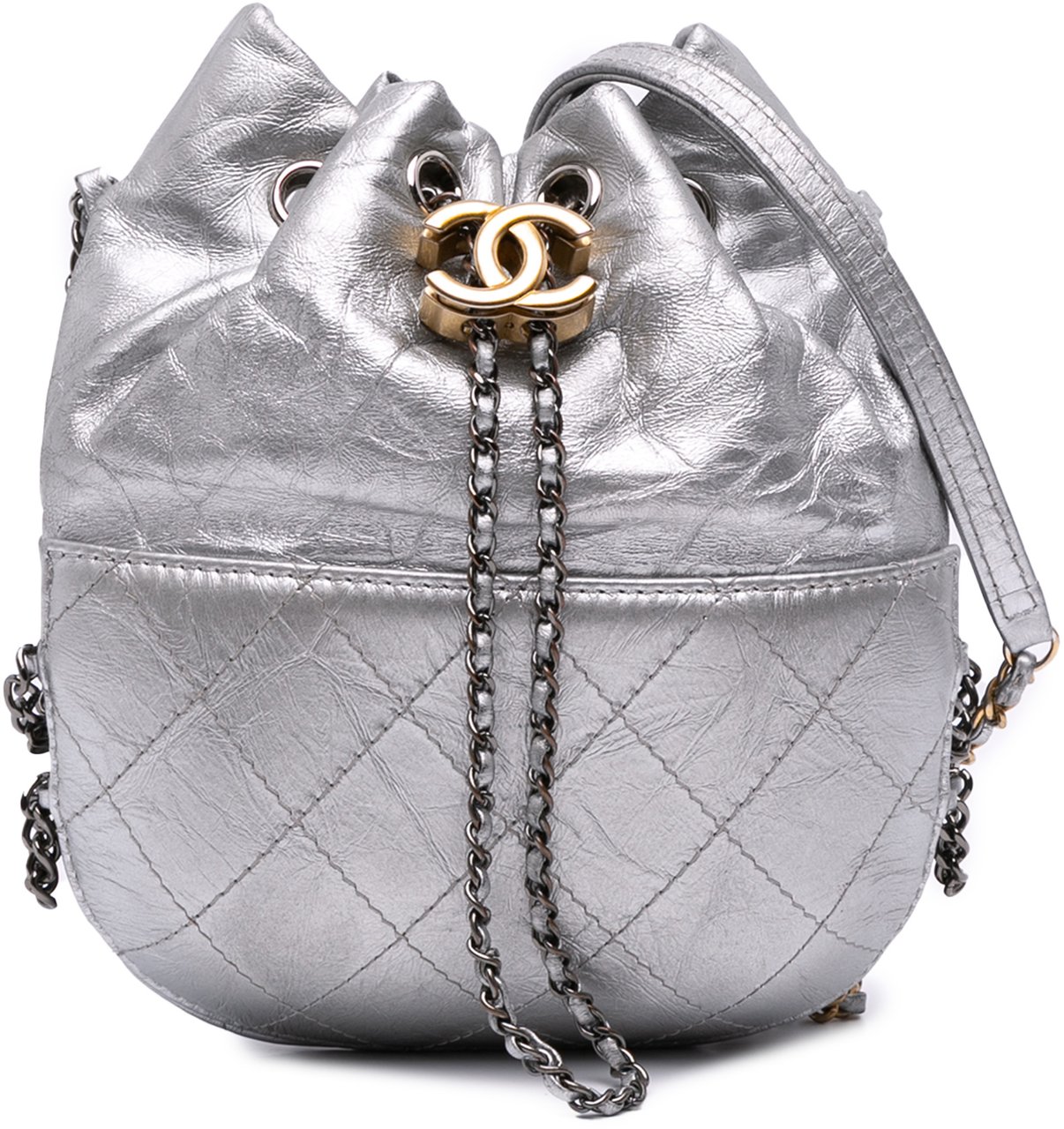 Chanel Small Quilted Metallic Aged Calfskin Gabrielle Bucket Bag Zilver