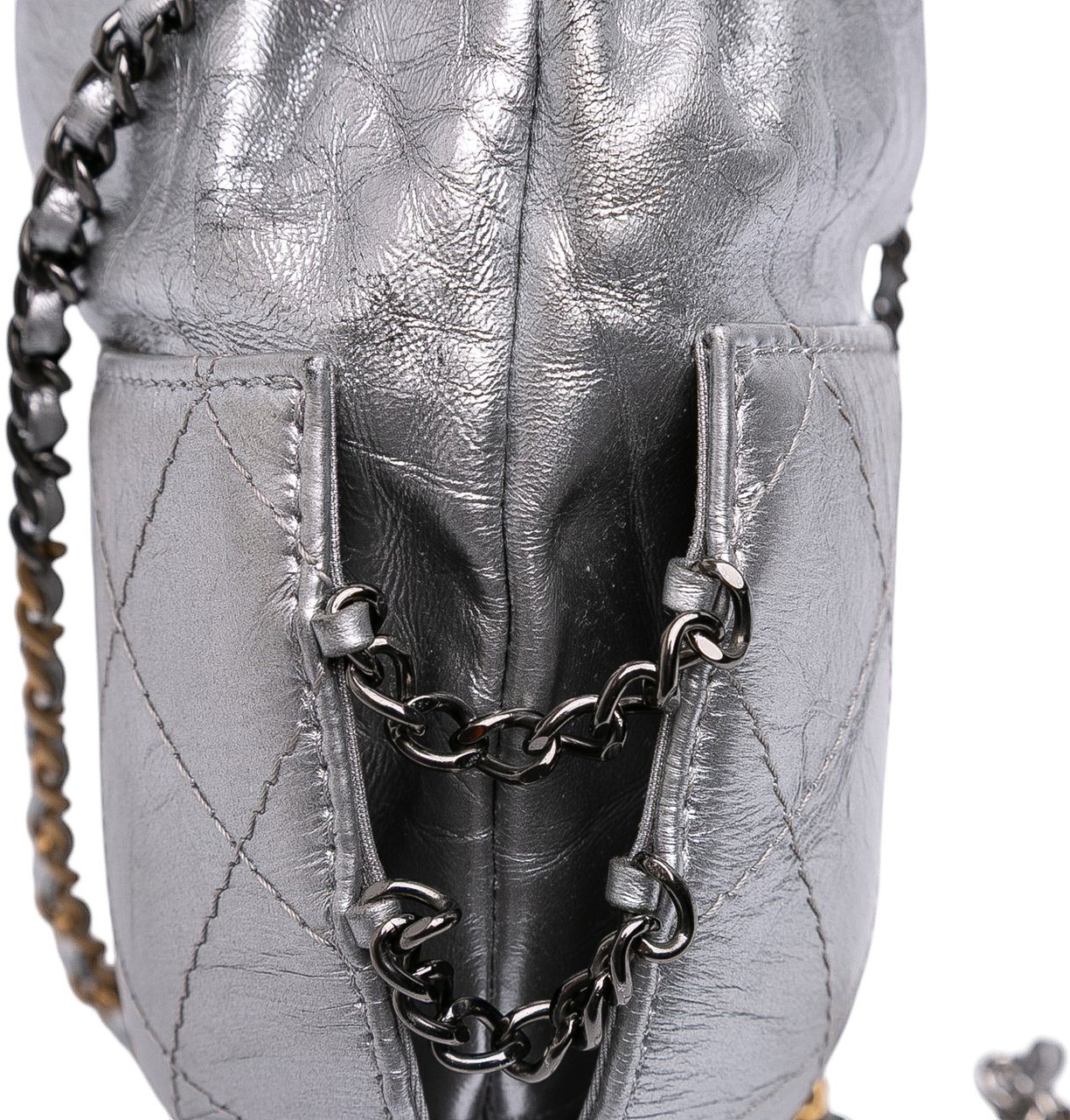 Chanel Small Quilted Metallic Aged Calfskin Gabrielle Bucket Bag Zilver