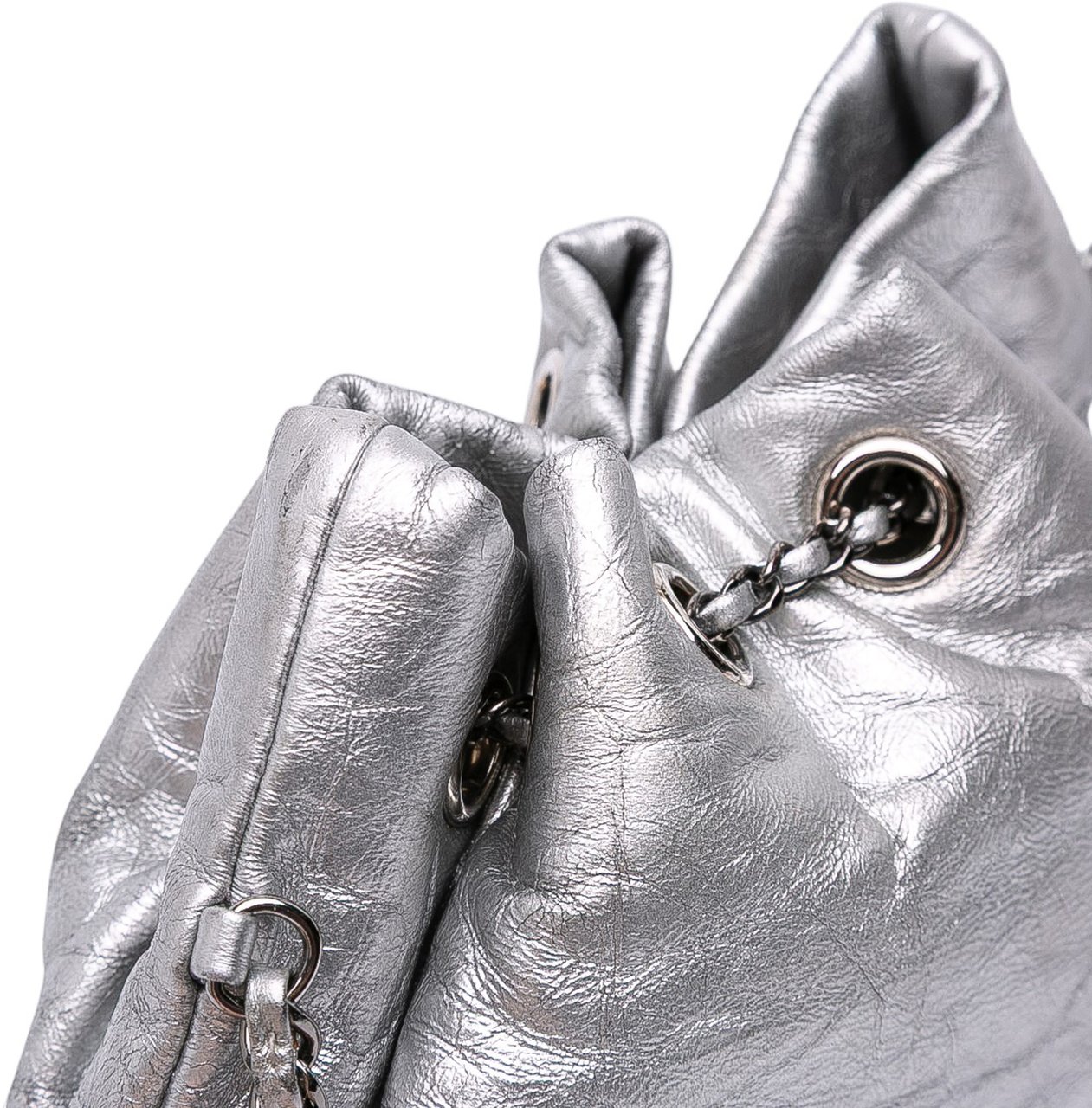 Chanel Small Quilted Metallic Aged Calfskin Gabrielle Bucket Bag Zilver