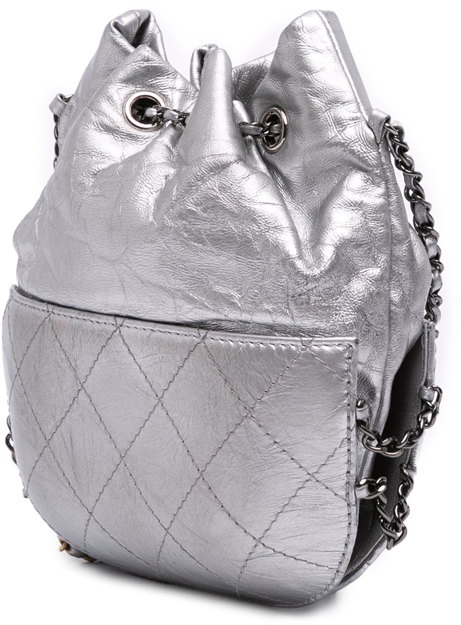 Chanel Small Quilted Metallic Aged Calfskin Gabrielle Bucket Bag Zilver