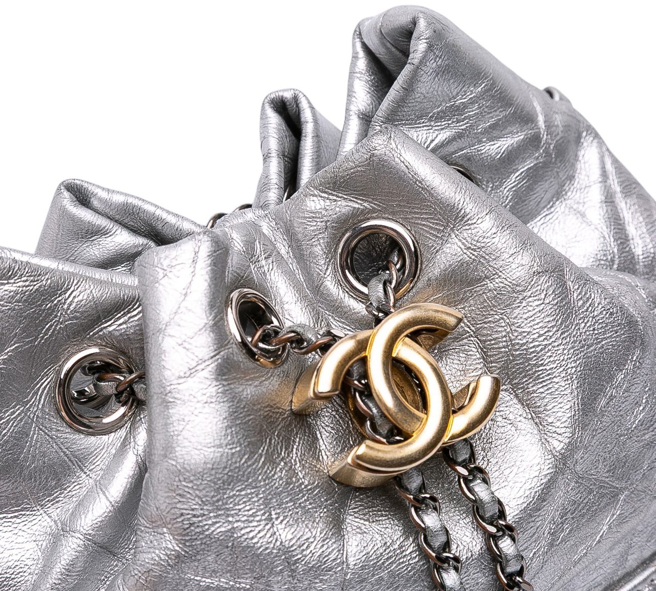 Chanel Small Quilted Metallic Aged Calfskin Gabrielle Bucket Bag Zilver