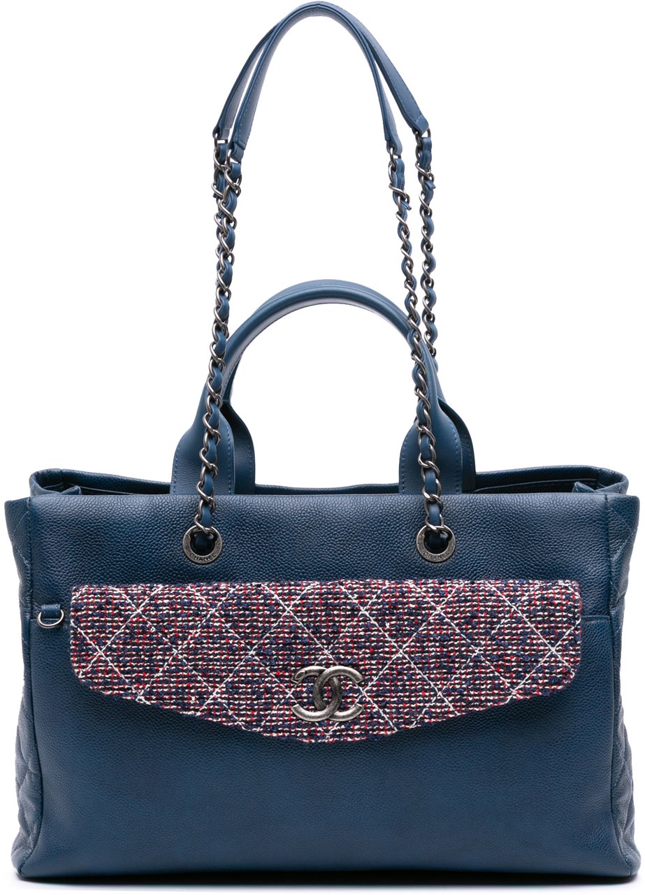 Chanel Large Caviar and Tweed Coco Break Shopping Tote Blauw
