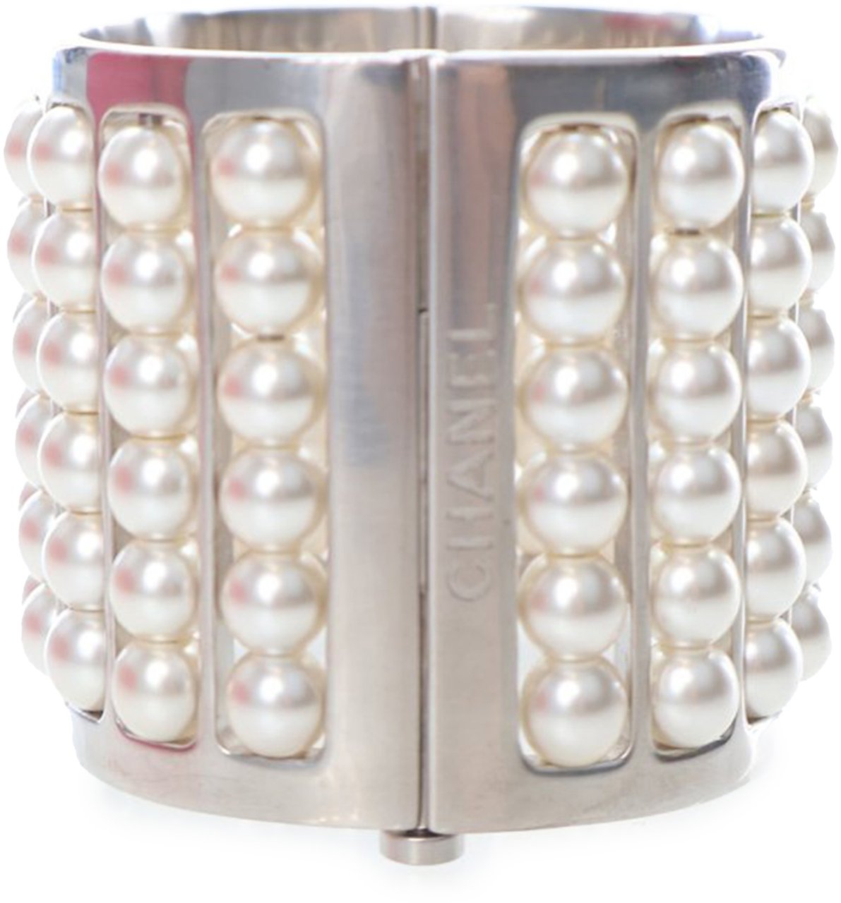 Chanel Silver Plated Wide Pearl Cuff Bracelet Zilver
