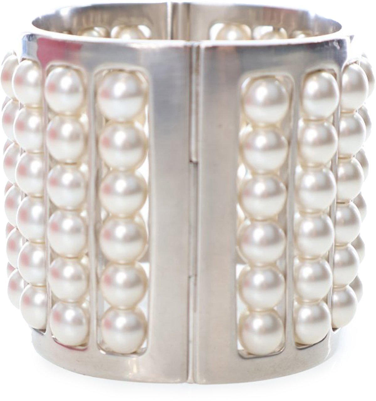 Chanel Silver Plated Wide Pearl Cuff Bracelet Zilver