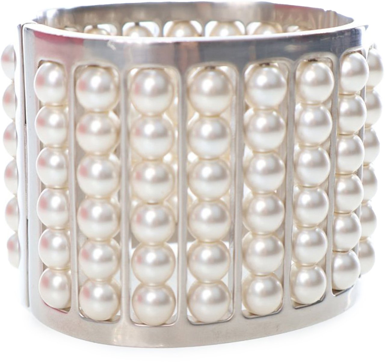 Chanel Silver Plated Wide Pearl Cuff Bracelet Zilver