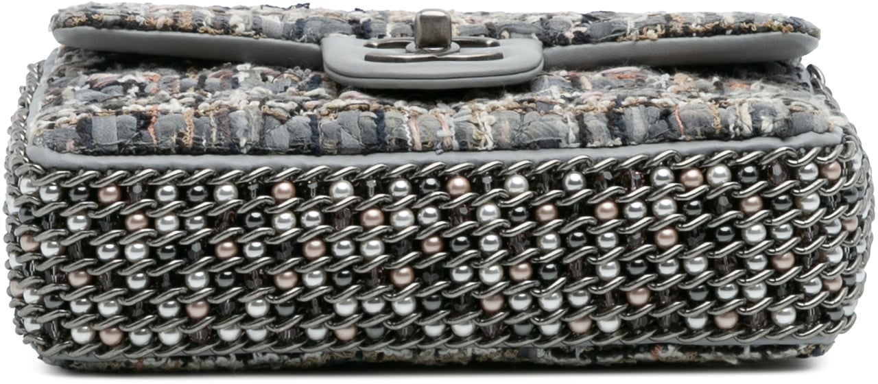 Chanel Mini Quilted Tweed River of Pearls Flap Grijs