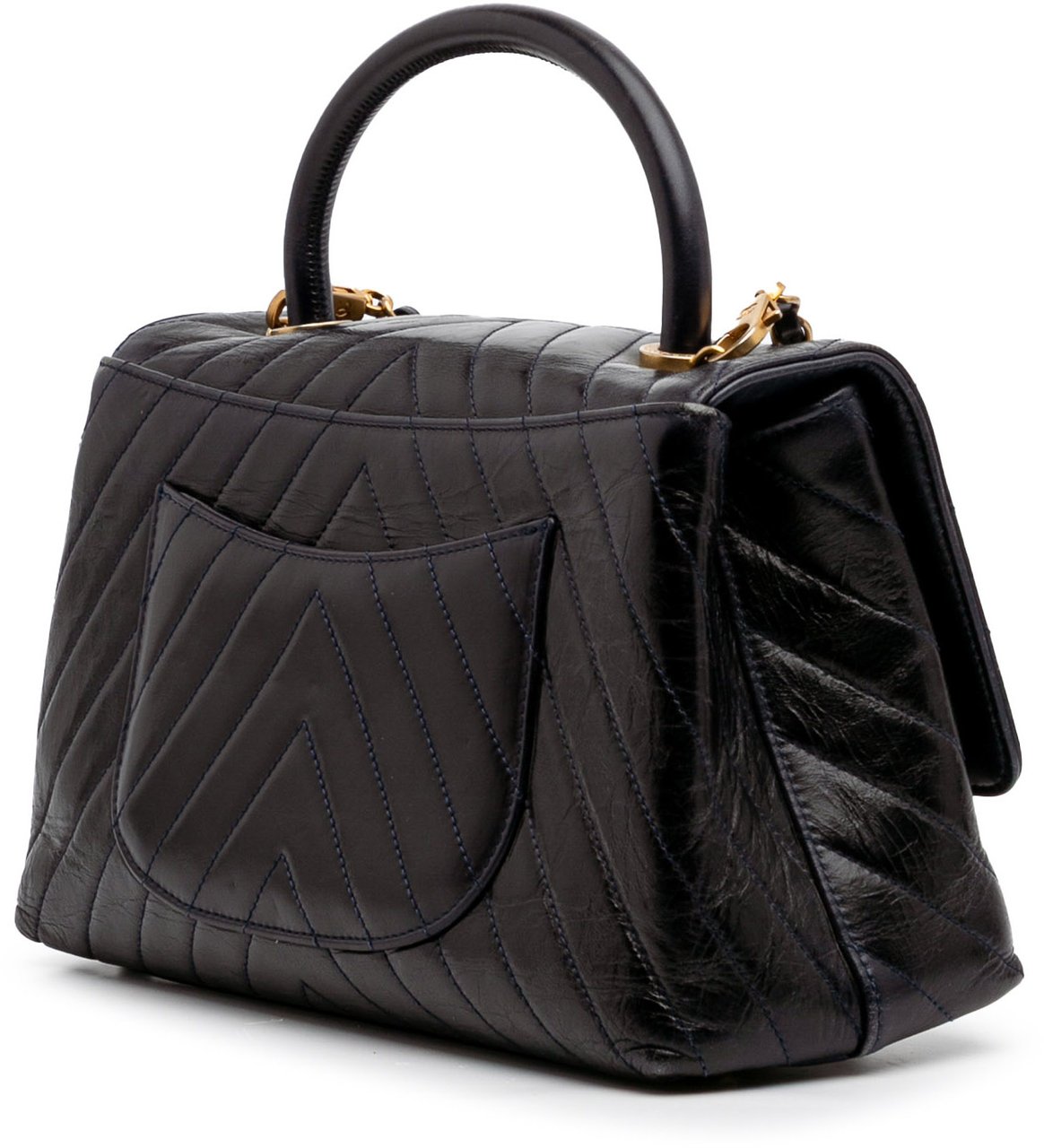Chanel Medium Chevron Aged Calfskin Coco Top Handle Bag Zwart