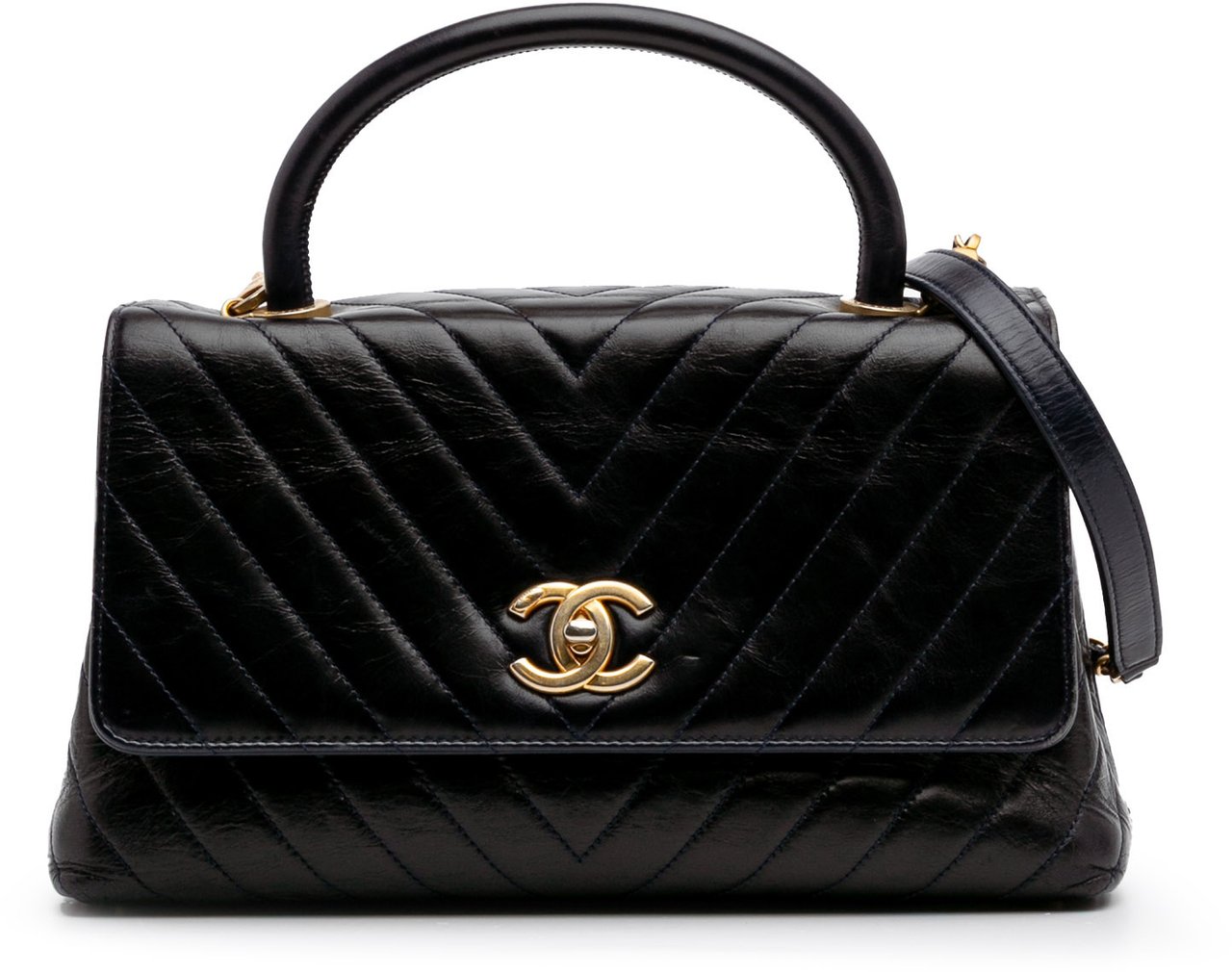 Chanel Medium Chevron Aged Calfskin Coco Top Handle Bag Zwart