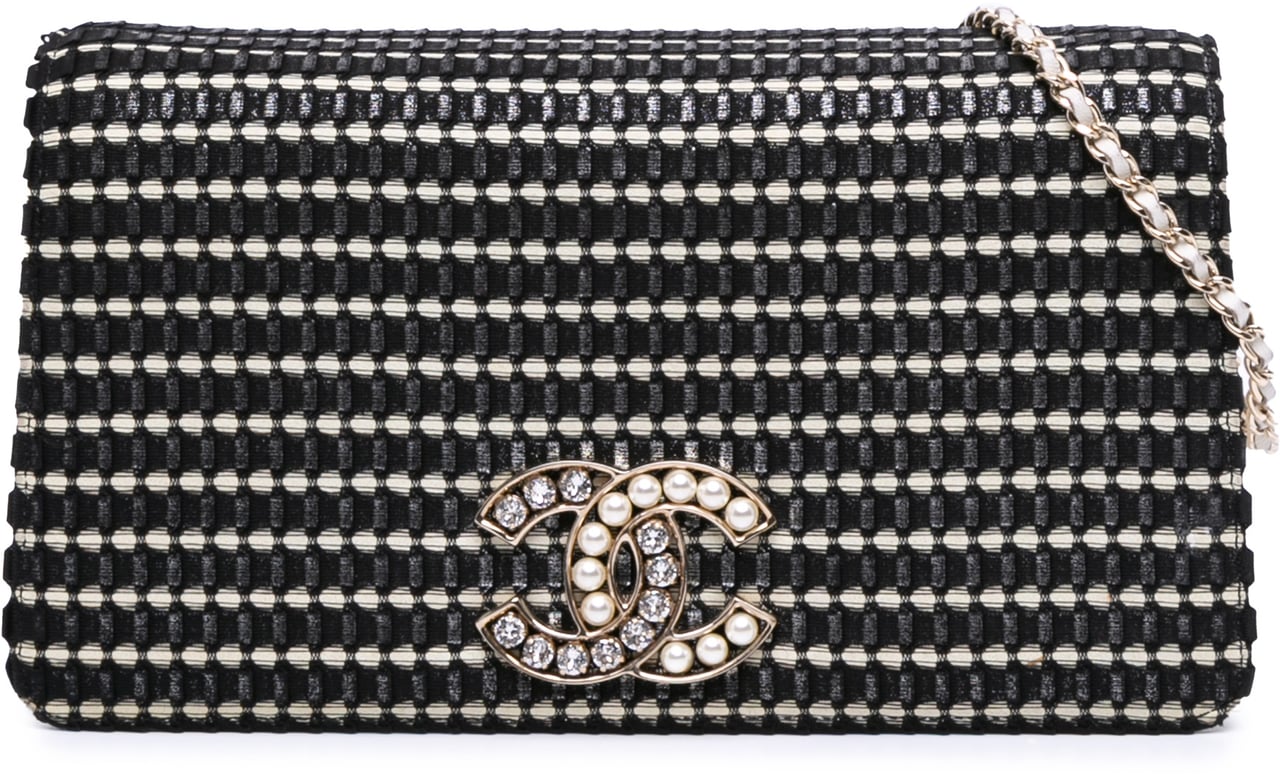Chanel CC Bicolor Woven Lambskin Crystal Pearl Flap Zwart