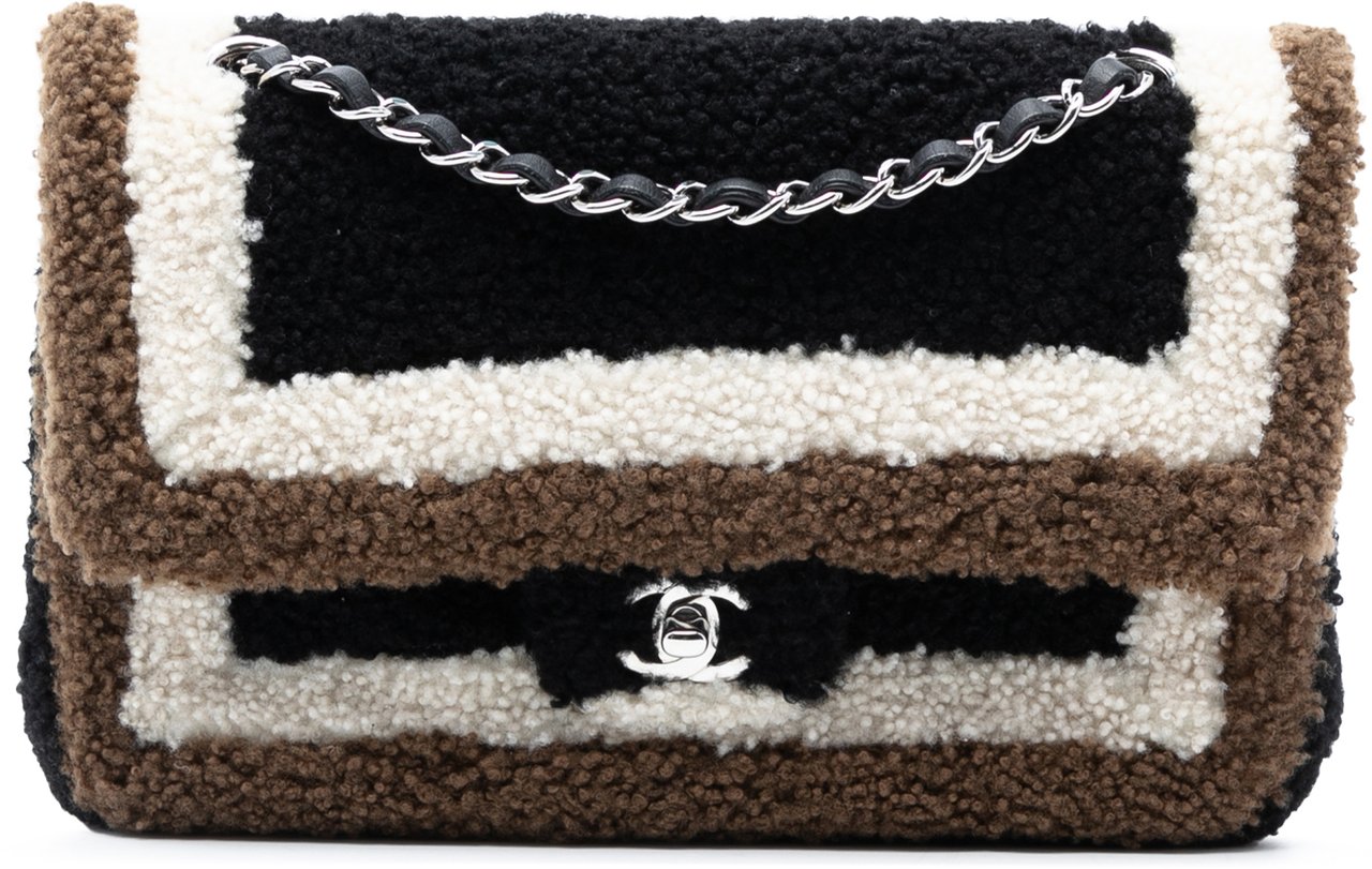 Chanel Medium Classic Tricolor Shearling Double Flap Zwart