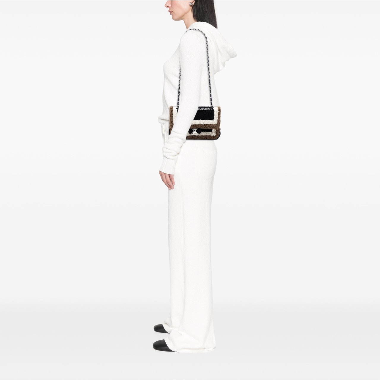 Chanel Medium Classic Tricolor Shearling Double Flap Zwart