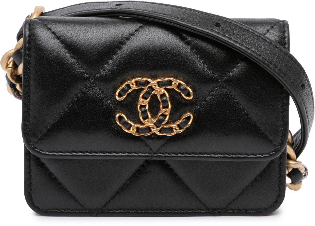 Chanel Quilted Lambskin 19 Flap Coin Purse With Chain Zwart