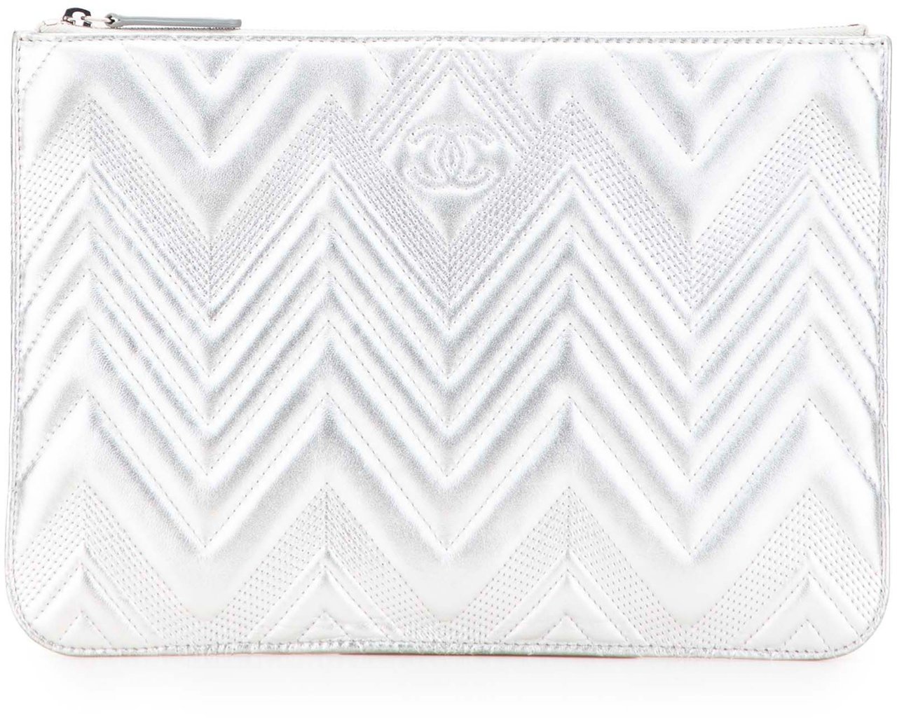 Chanel Medium Metallic Chevron Calfskin O Case Clutch Zilver