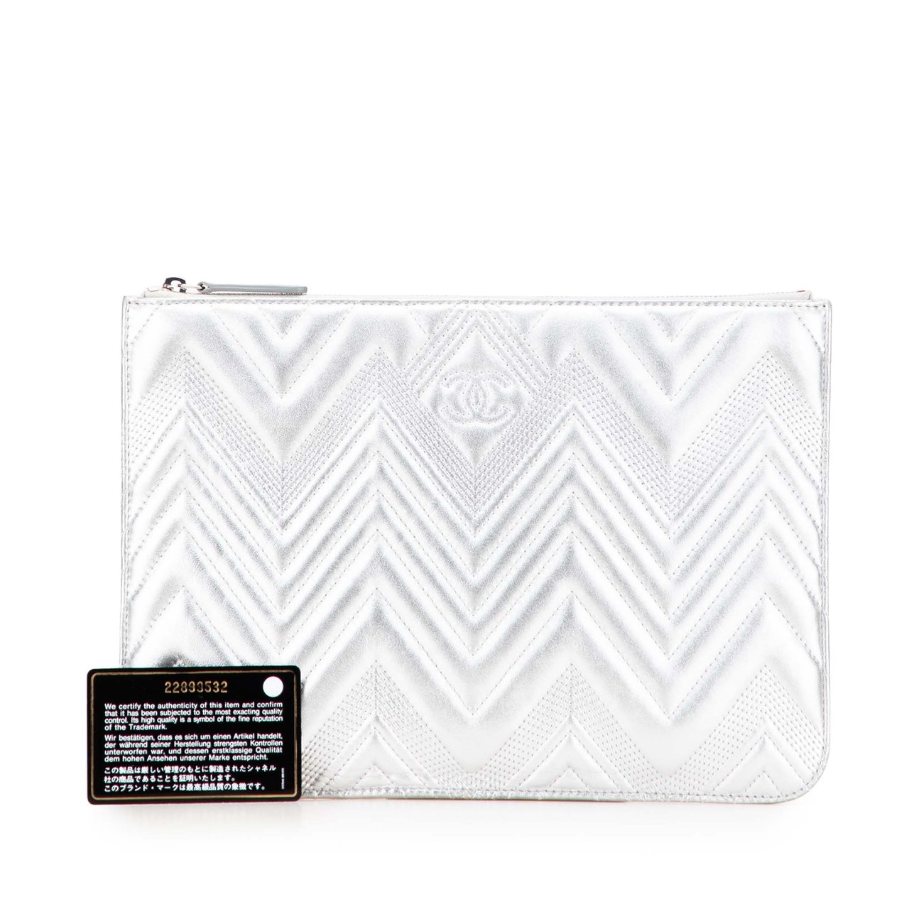 Chanel Medium Metallic Chevron Calfskin O Case Clutch Zilver