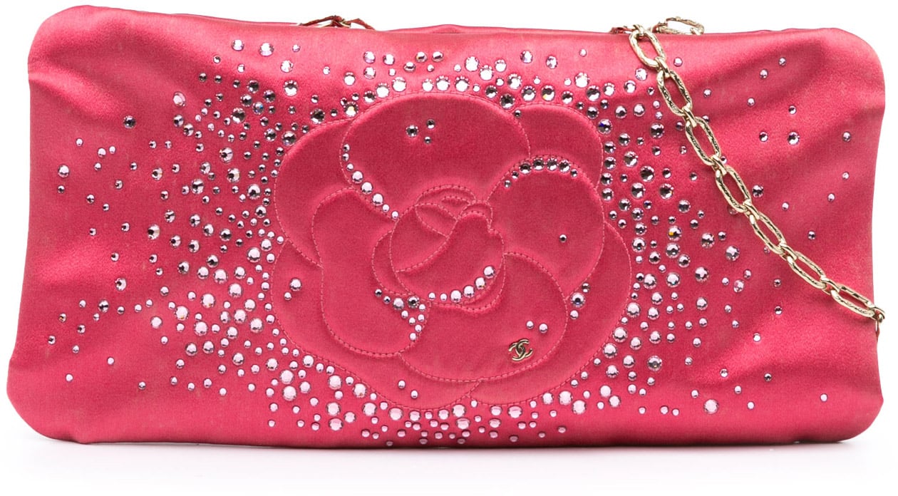 Chanel Satin Diamante Camellia Clutch with Chain Roze