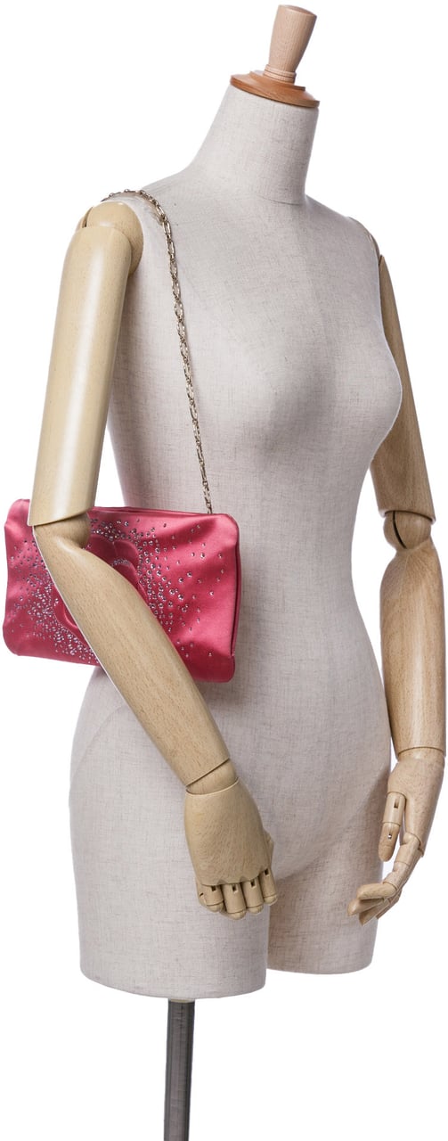 Chanel Satin Diamante Camellia Clutch with Chain Roze