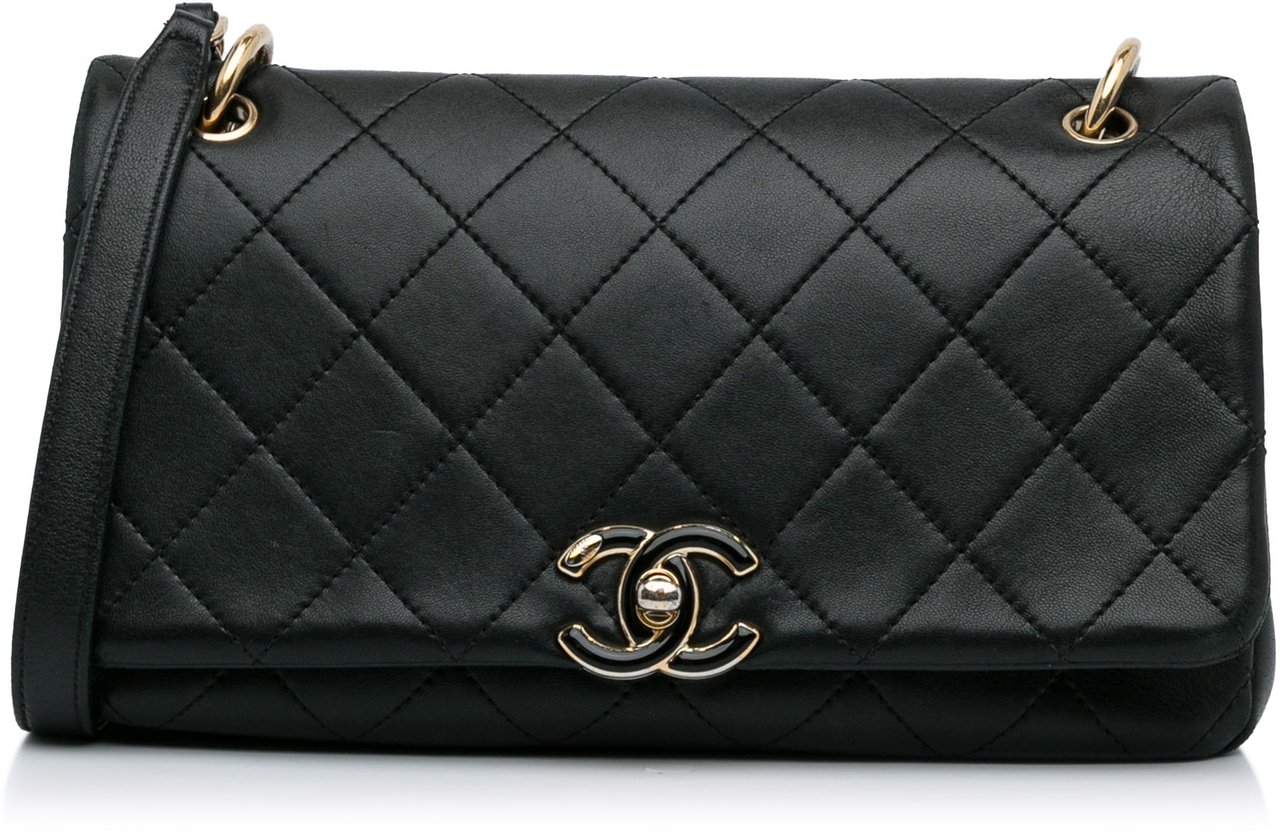 Chanel Large Lambskin Twist Chain Enamel CC Flap Zwart