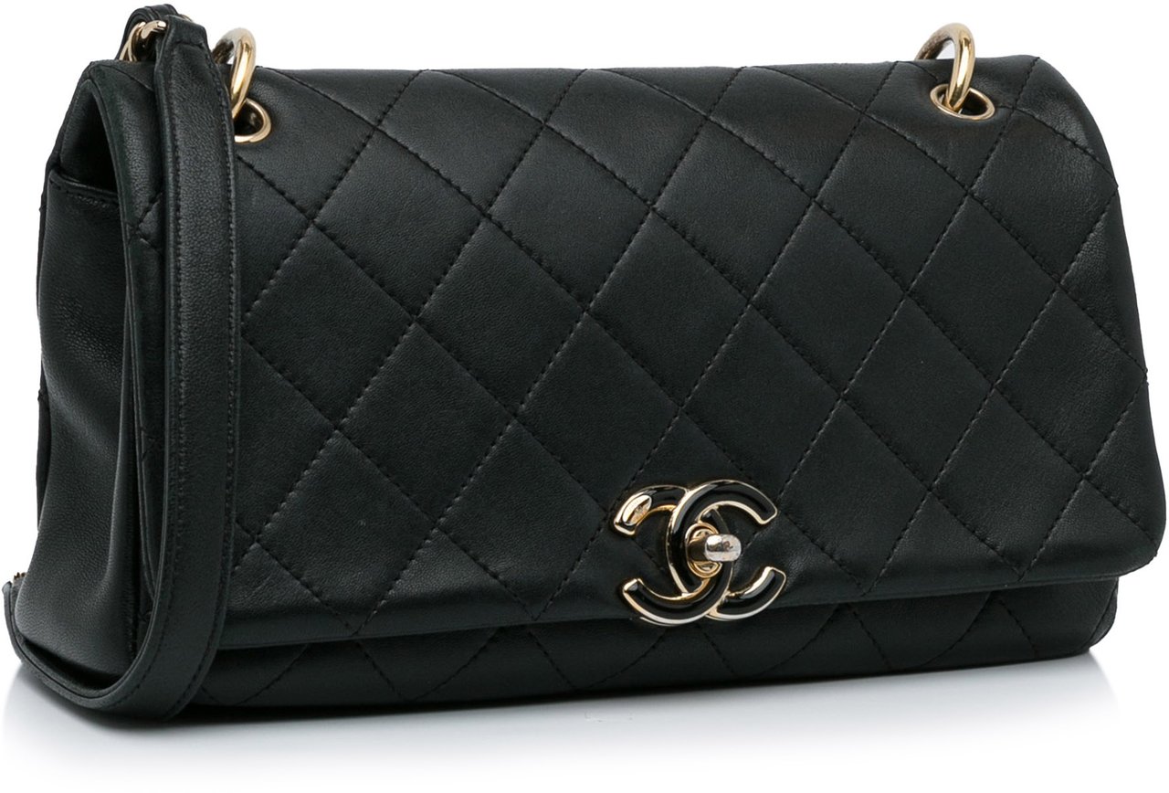 Chanel Large Lambskin Twist Chain Enamel CC Flap Zwart