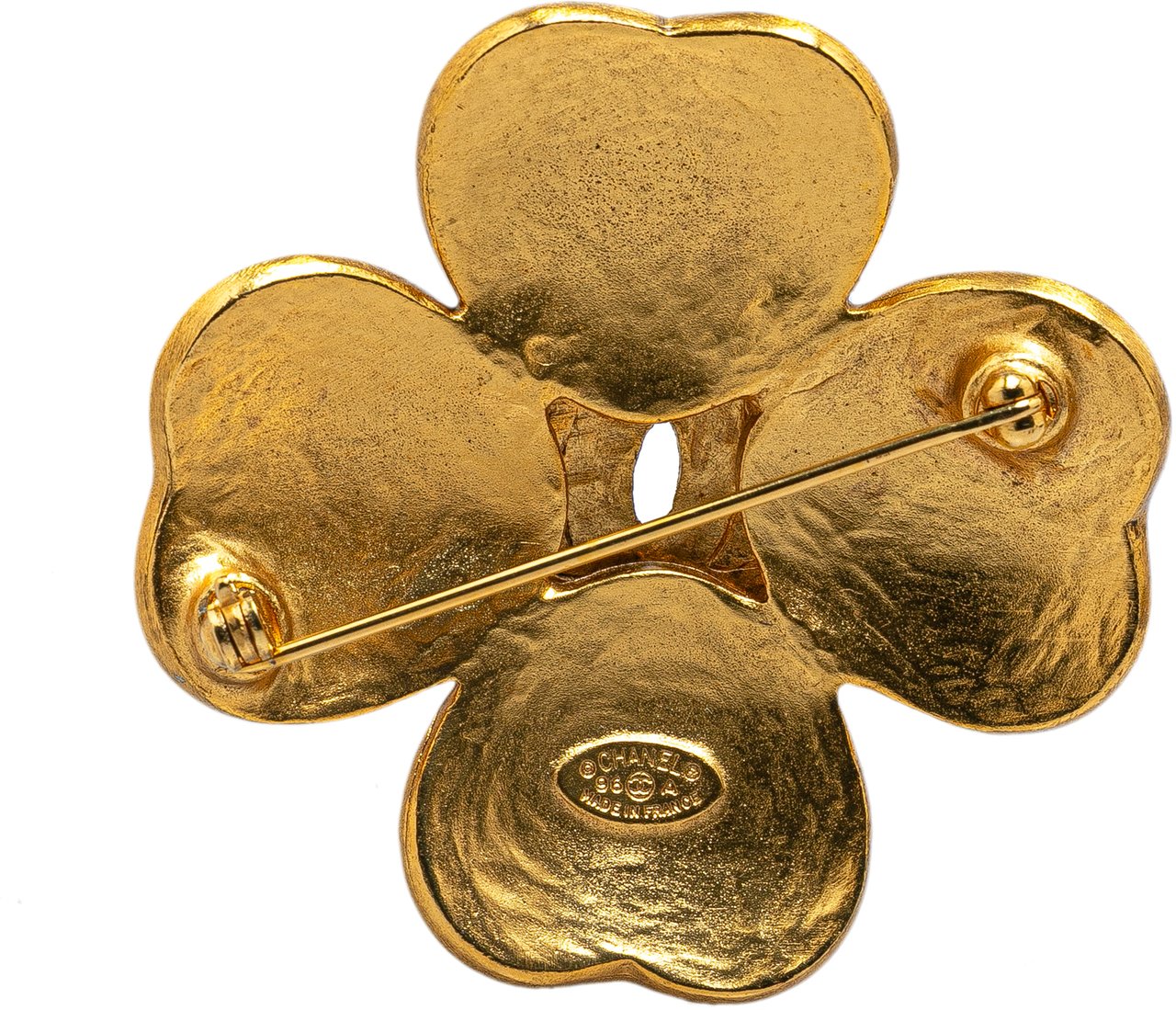 Chanel Gold Plated CC Clover Brooch Goud