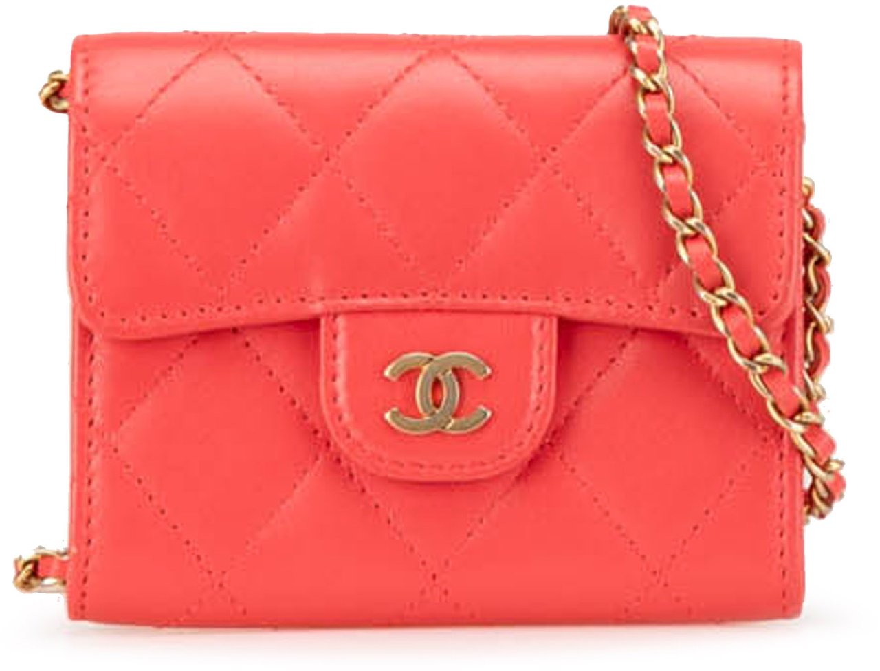 Chanel Quilted Lambskin Flap Card Holder on Chain Rood