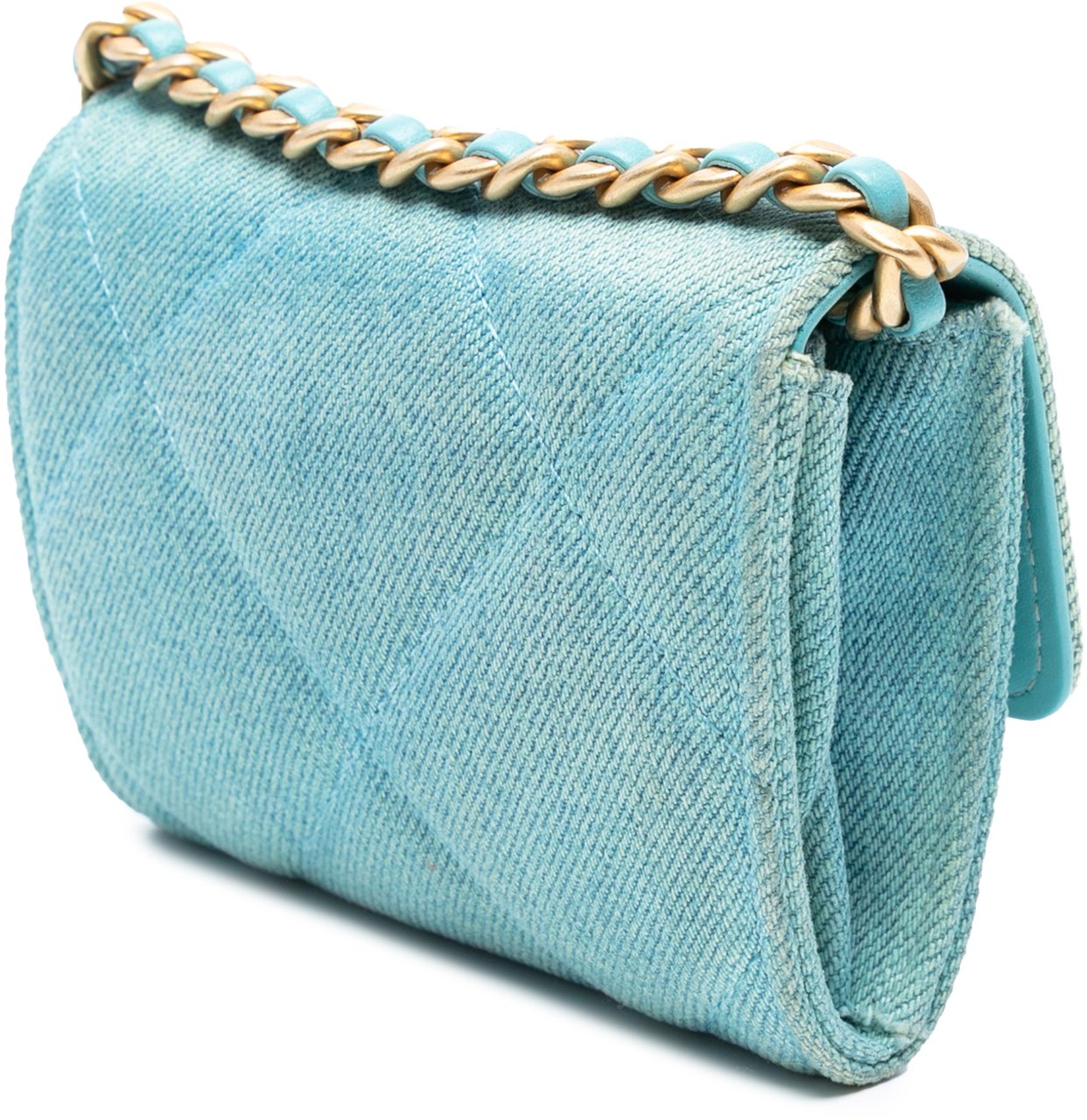 Chanel Quilted Denim 19 Card Holder with Chain Blauw