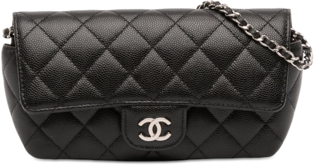 Chanel Quilted Caviar Sunglasses Case with Chain Zwart