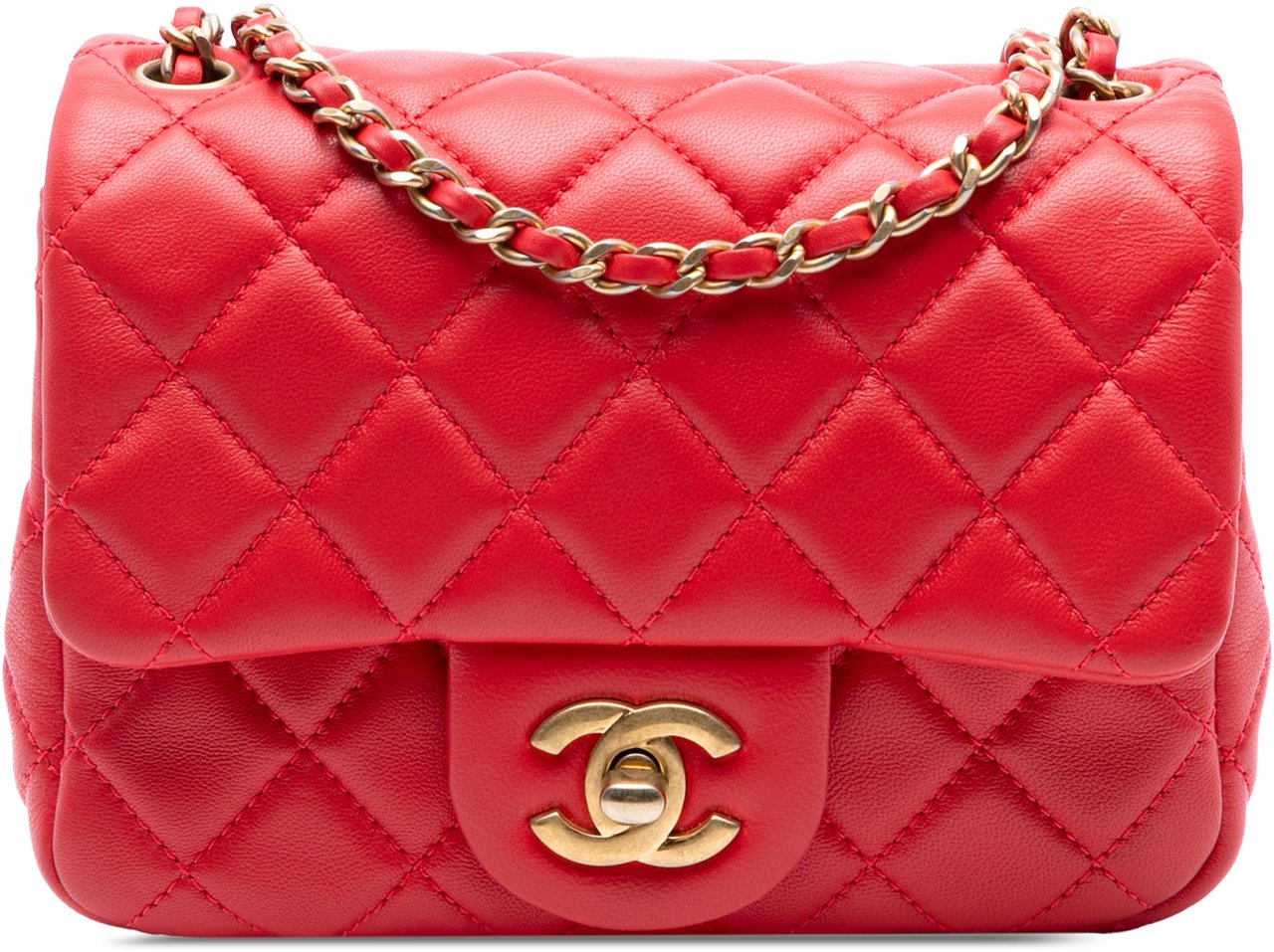 Chanel Mini Square Classic Lambskin Pearl Crush Single Flap Rood