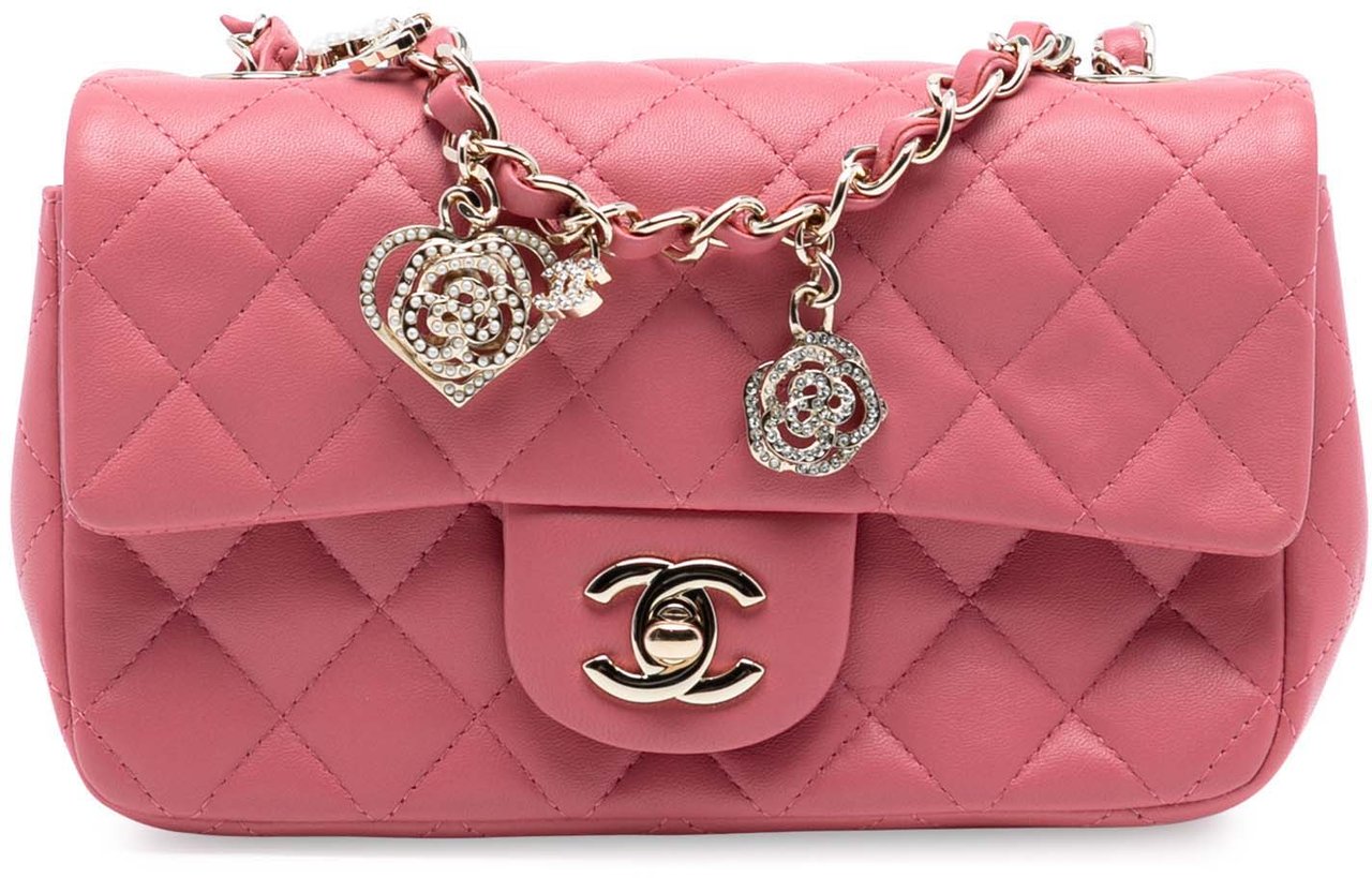 Chanel Mini Rectangular Classic Lambskin Valentines Heart Charms Single Flap Roze