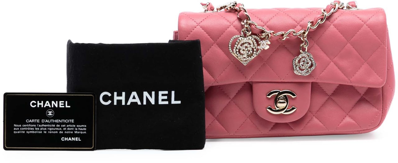 Chanel Mini Rectangular Classic Lambskin Valentines Heart Charms Single Flap Roze