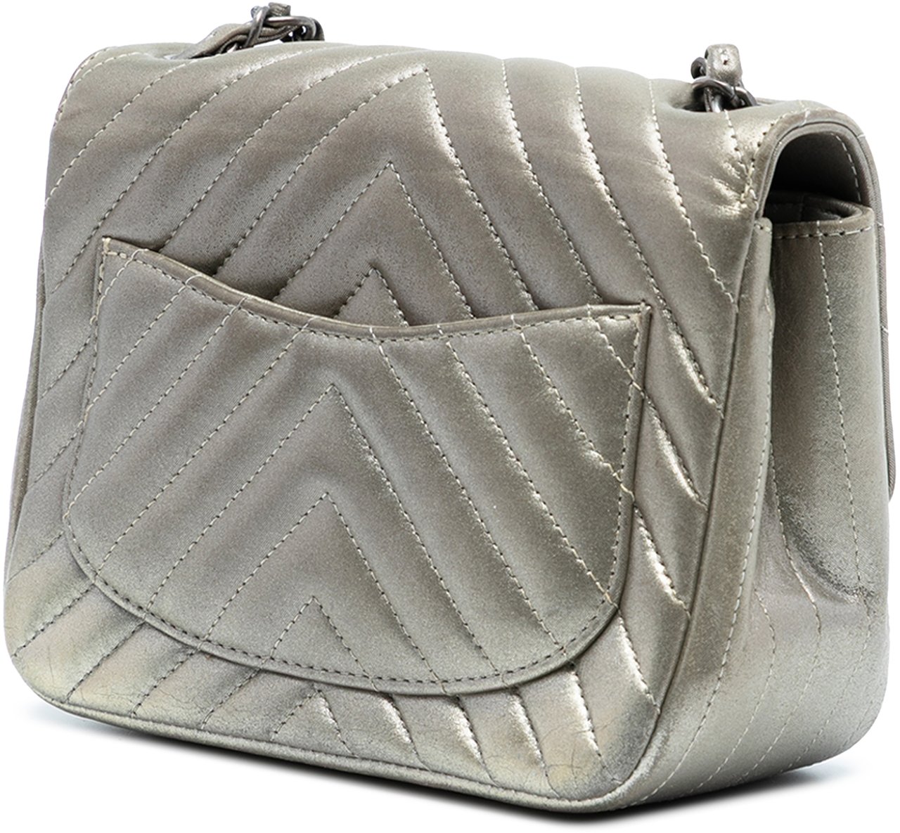 Chanel Mini Square Classic Chevron Iridescent Calfskin Single Flap Zilver