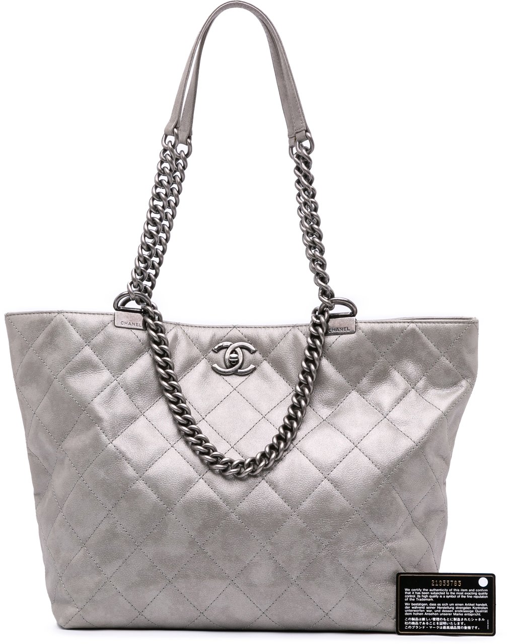 Chanel Quilted Iridescent Calfskin Shopping in Chains Tote Grijs