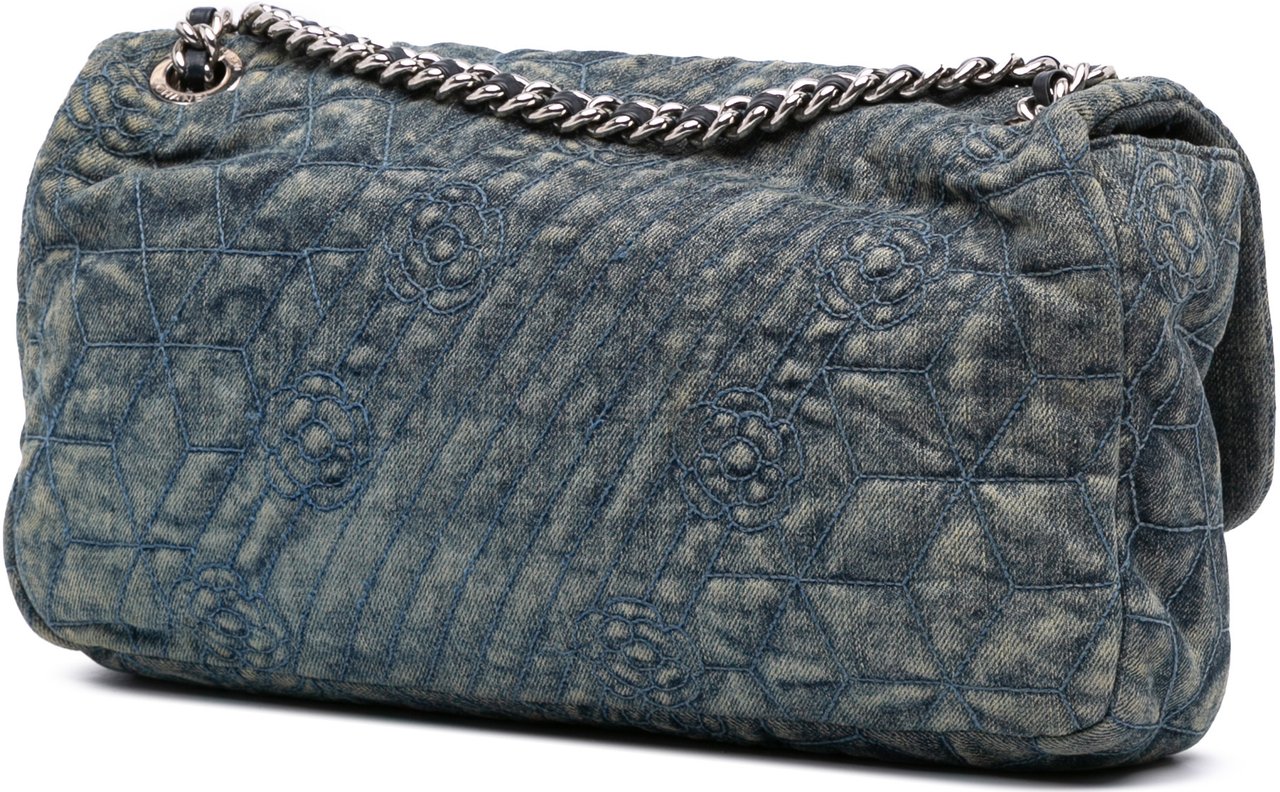 Chanel Large Embroidered Denim Camellia Flap Blauw