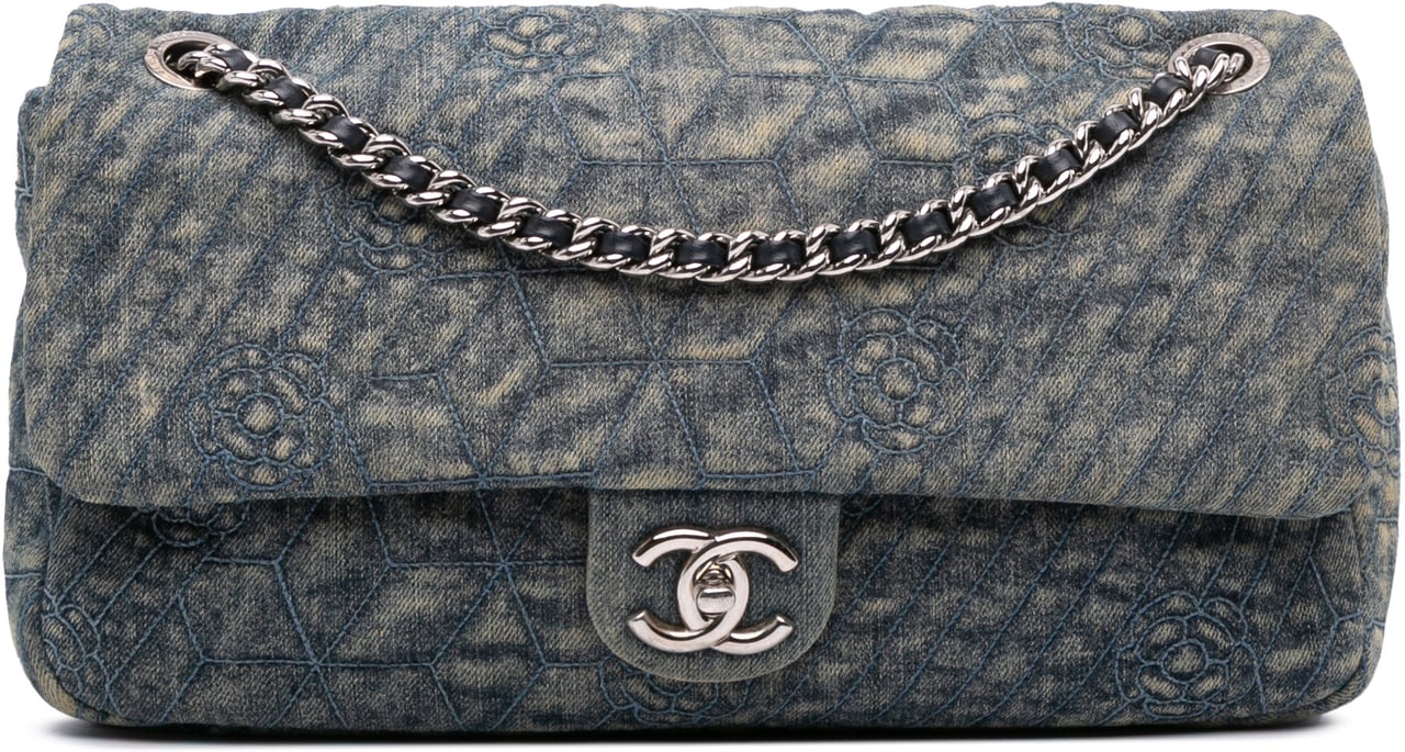 Chanel Large Embroidered Denim Camellia Flap Blauw