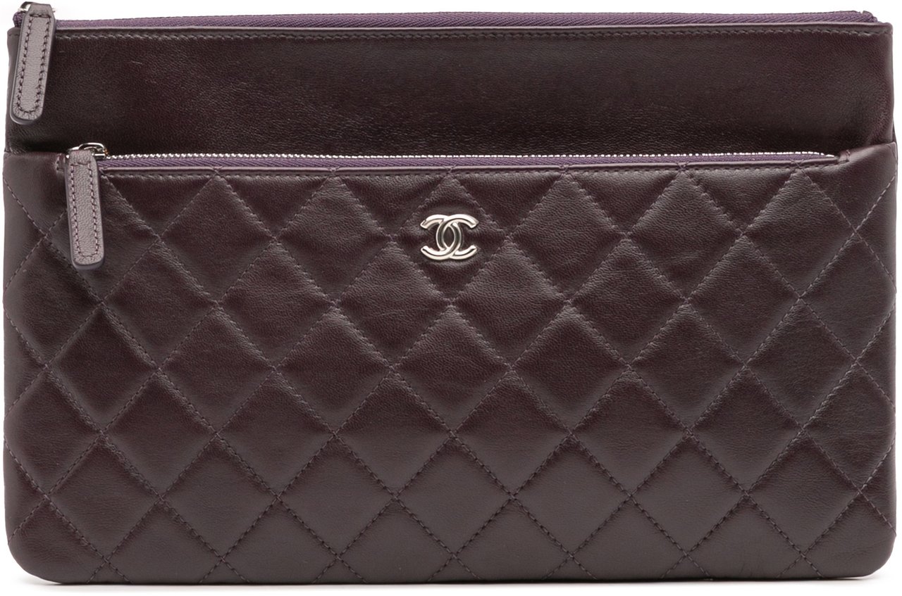 Chanel CC Quilted Lambskin Double Zip Clutch Paars
