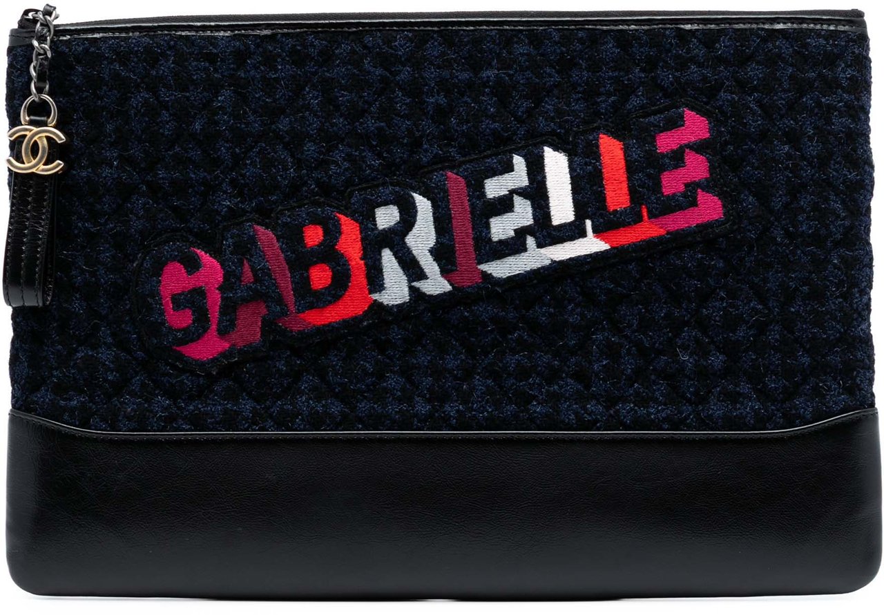 Chanel Large Tweed and Calfskin Embroidered Gabrielle O Case Clutch Blauw