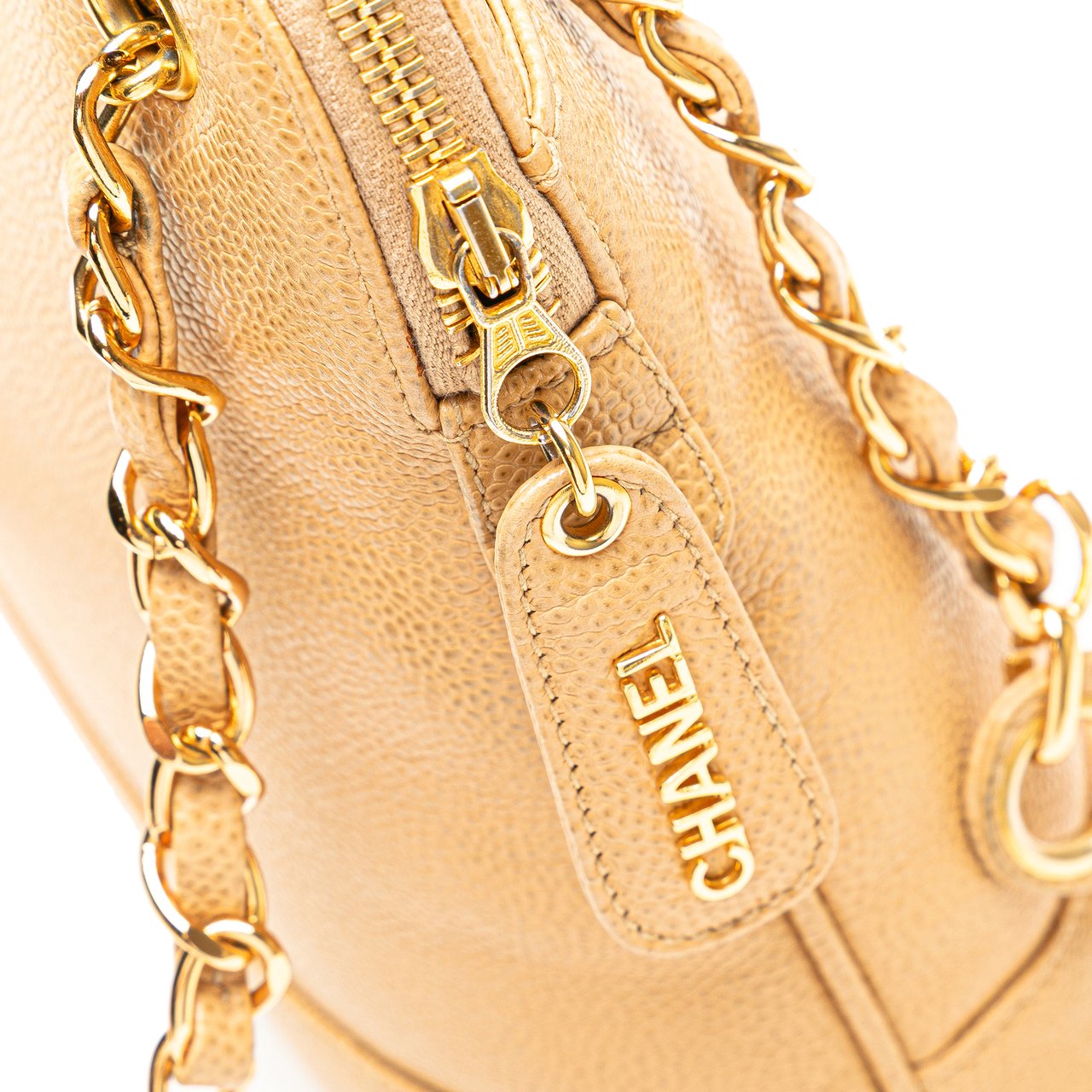 Chanel Caviar Logo Chain Shoulder Bag Geel