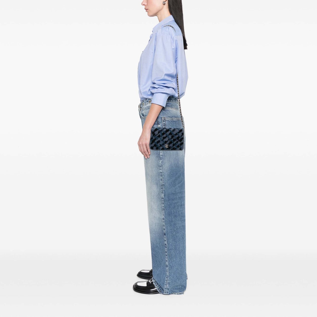 Chanel Denim and Velvet Wallet On Chain Blauw