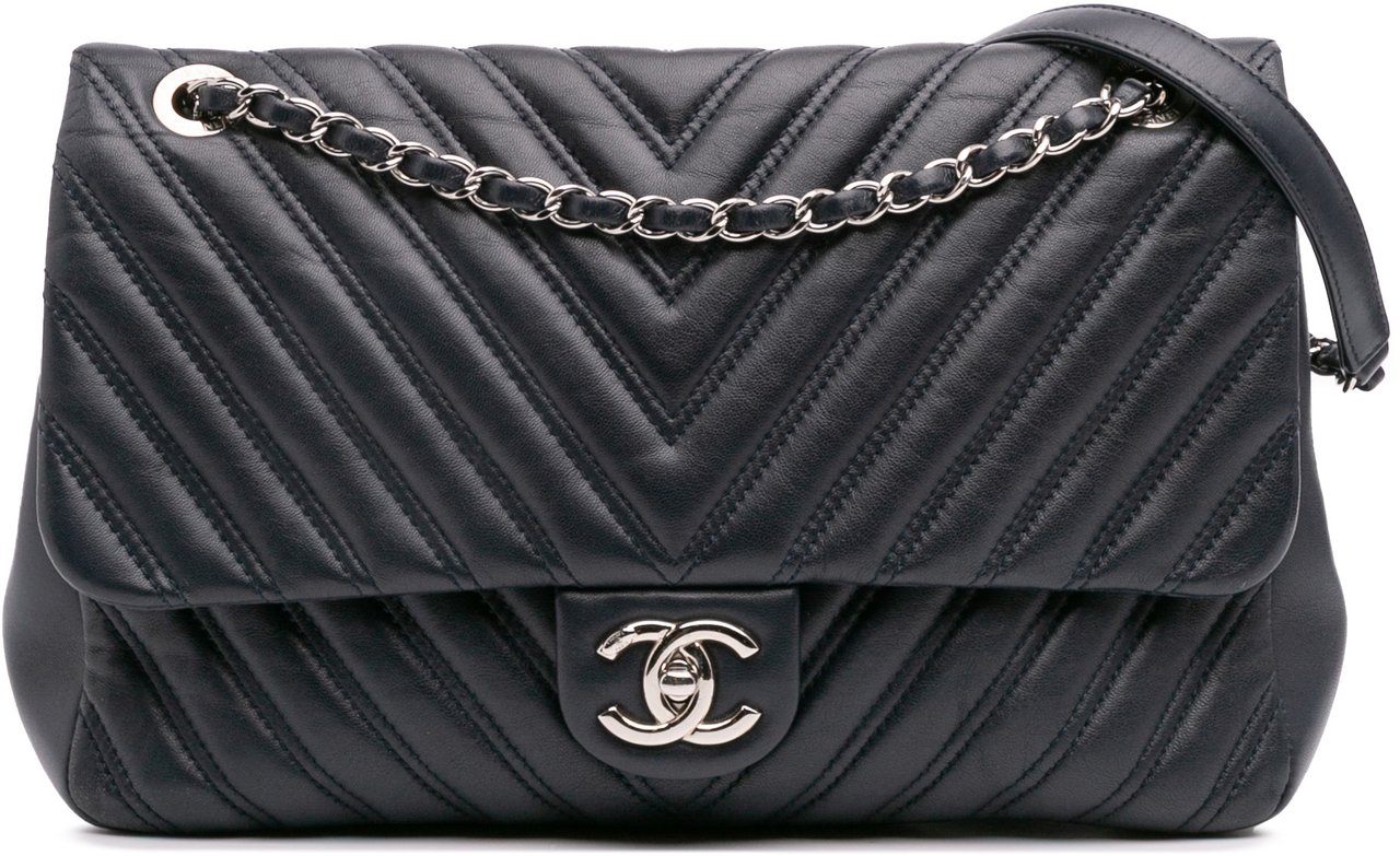 Chanel Jumbo Double Stitch Chevron Lambskin Single Flap Blauw