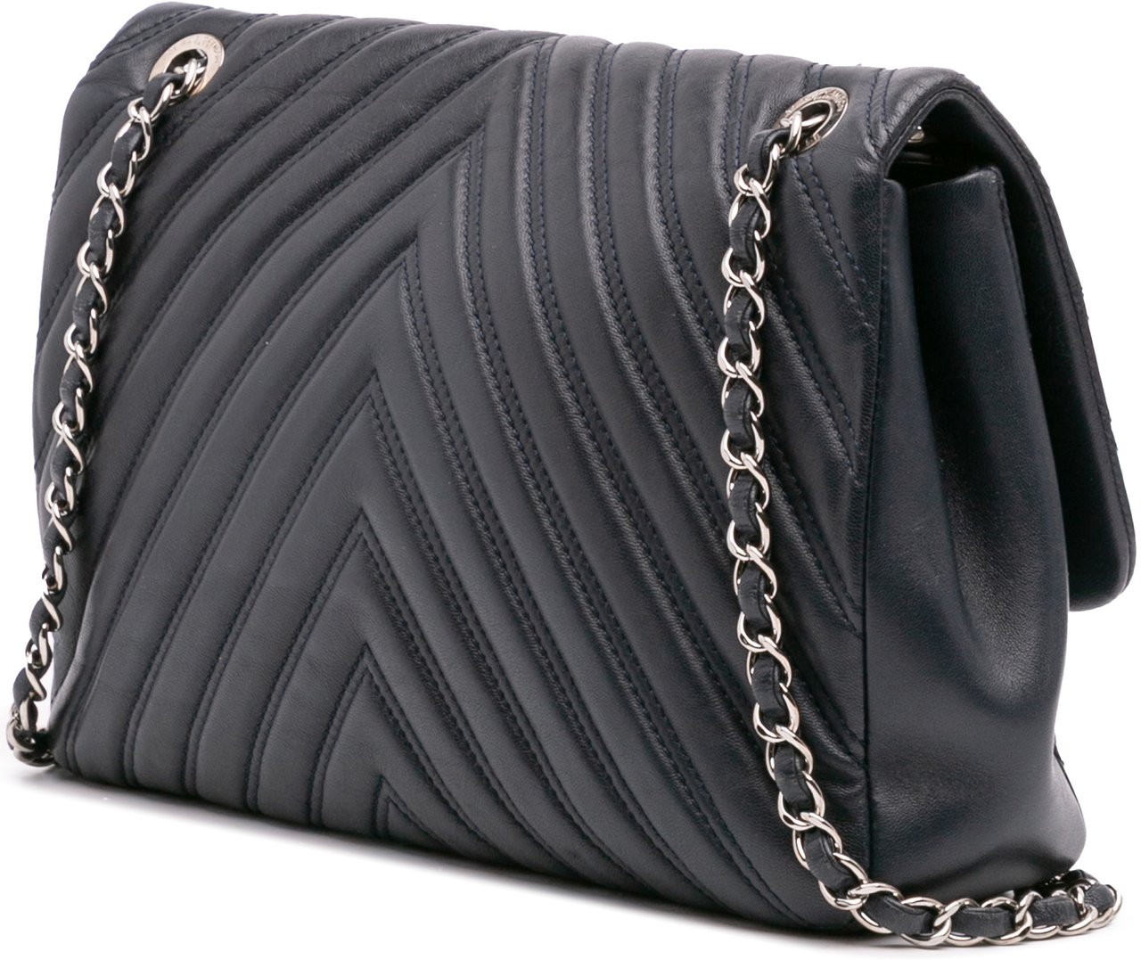 Chanel Jumbo Double Stitch Chevron Lambskin Single Flap Blauw