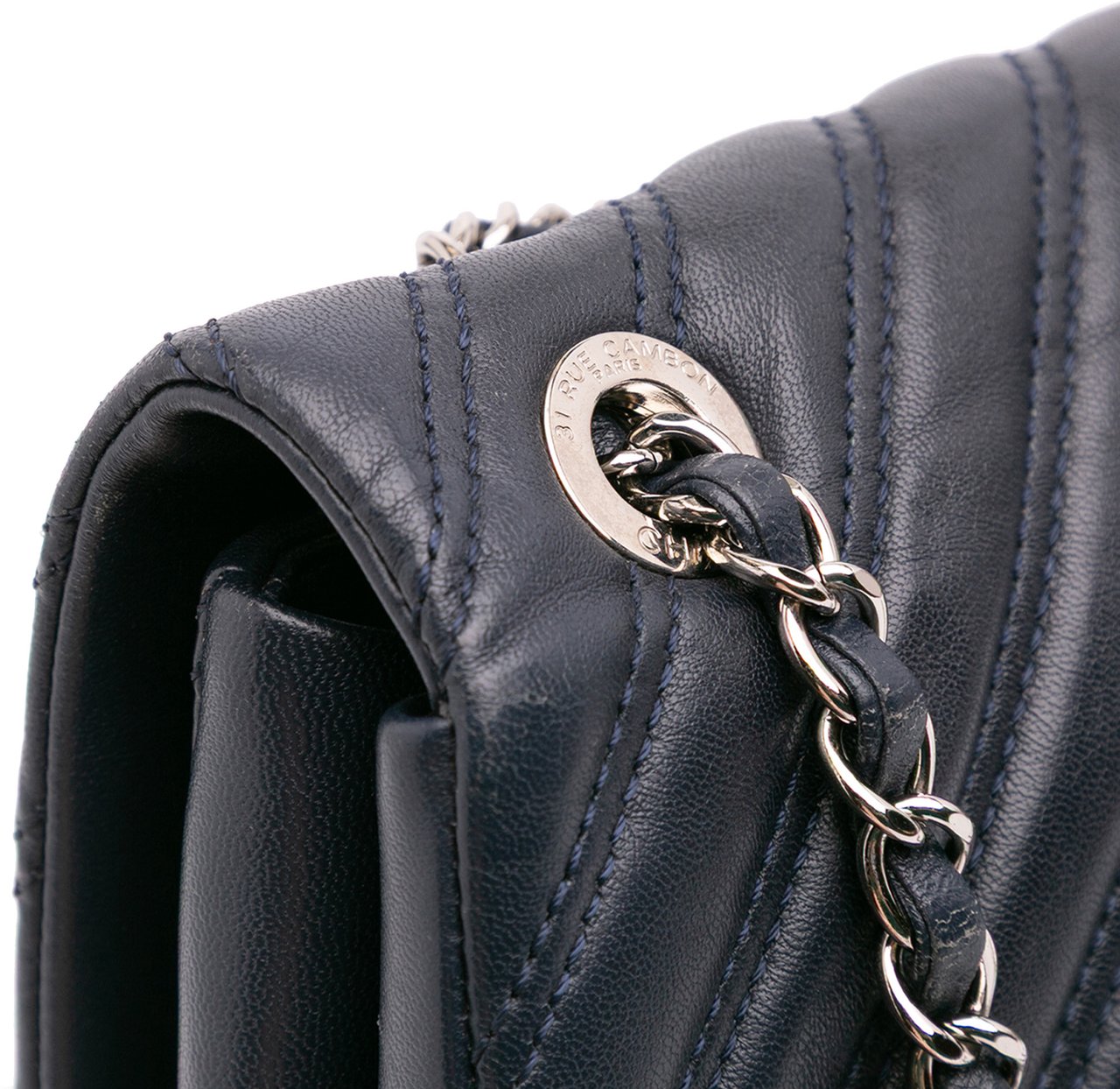 Chanel Jumbo Double Stitch Chevron Lambskin Single Flap Blauw