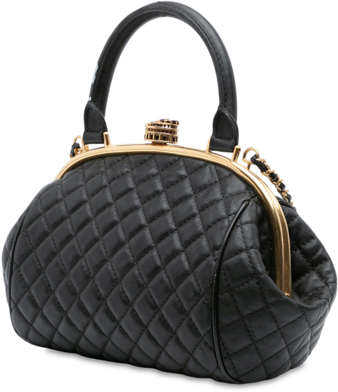 Chanel Paris Rome Quilted Calfskin Colosseum Lock Frame Bowling Bag Zwart