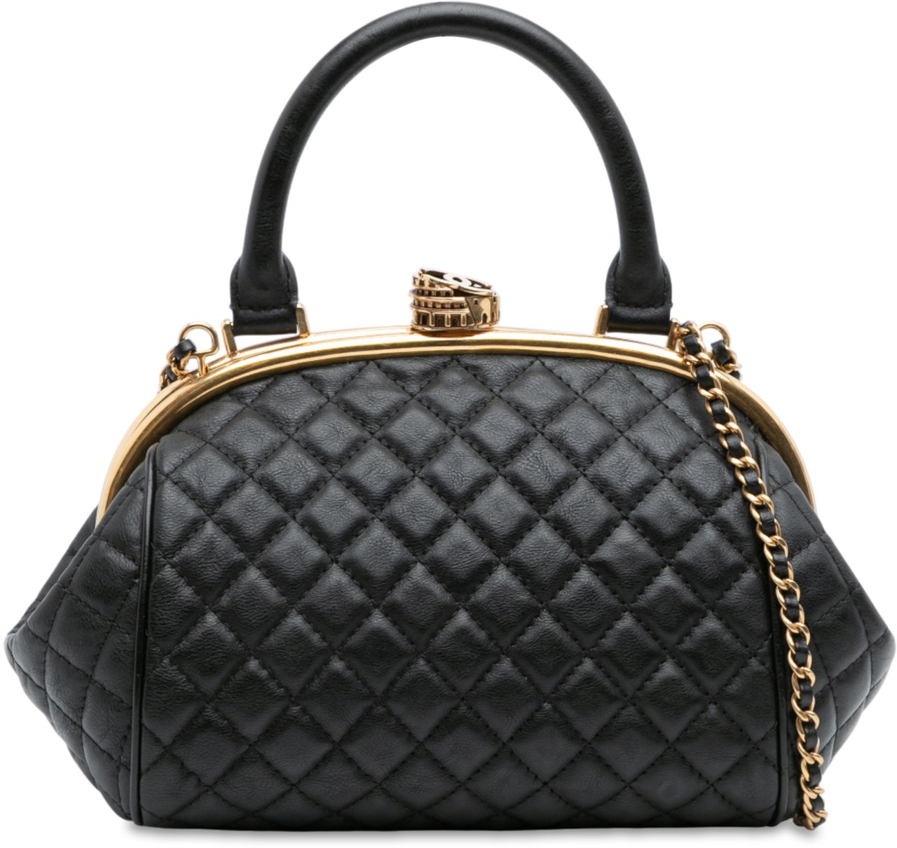 Chanel Paris Rome Quilted Calfskin Colosseum Lock Frame Bowling Bag Zwart