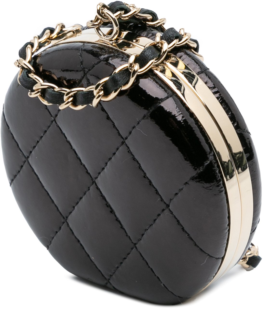 Chanel Quilted Patent Round Mirror Chain Necklace Zwart