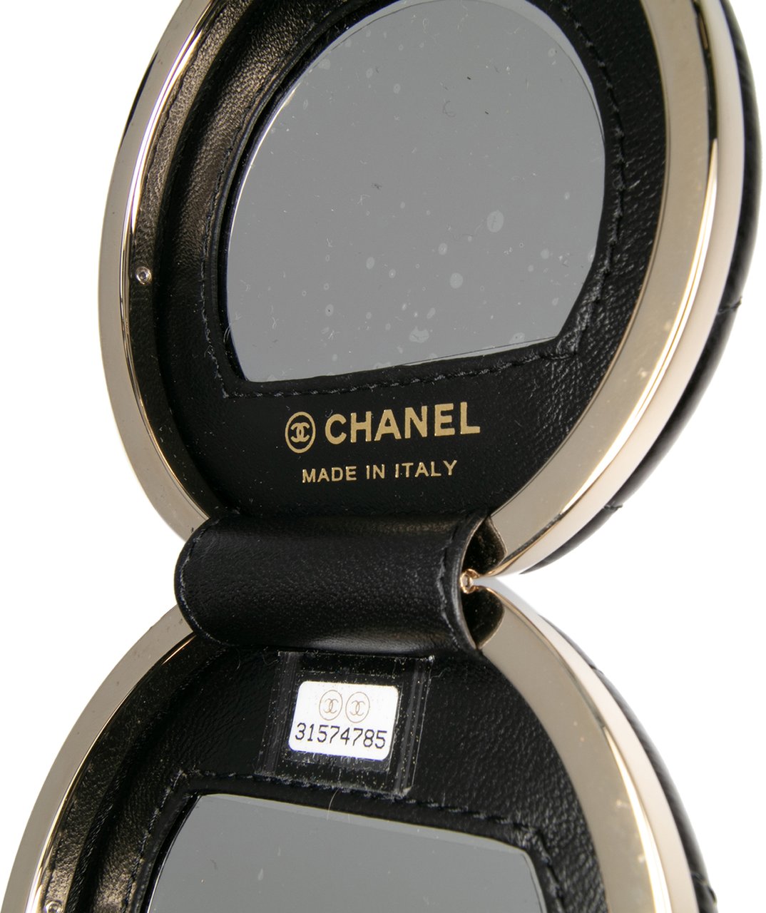 Chanel Quilted Patent Round Mirror Chain Necklace Zwart