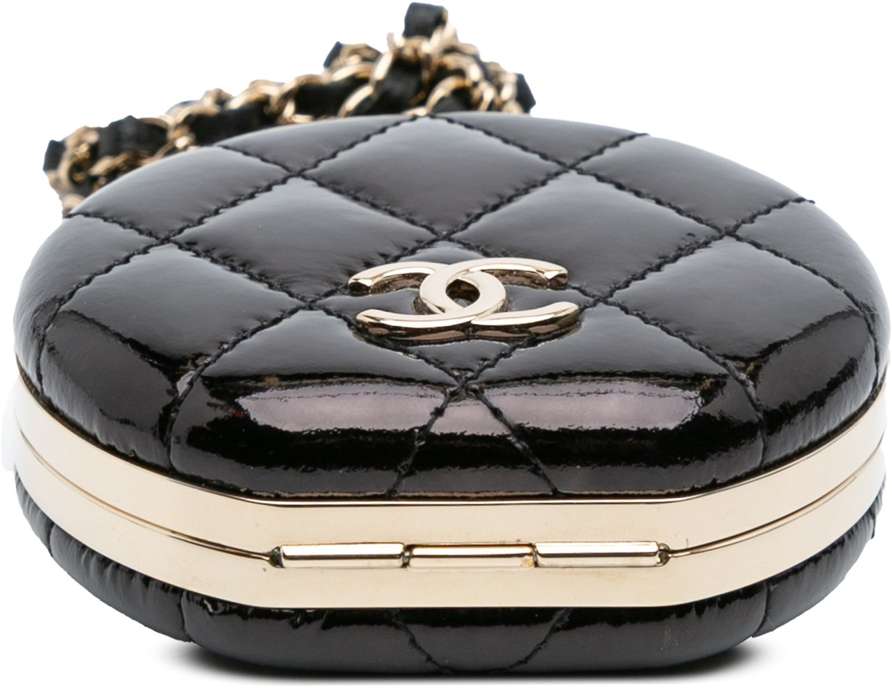 Chanel Quilted Patent Round Mirror Chain Necklace Zwart