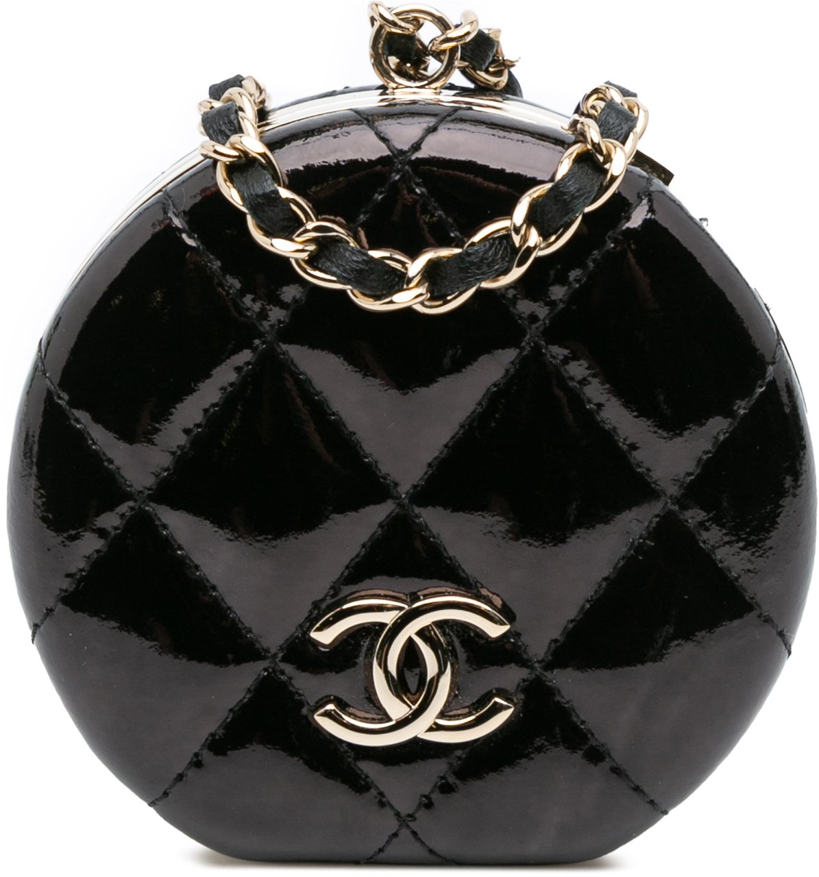 Chanel Quilted Patent Round Mirror Chain Necklace Zwart