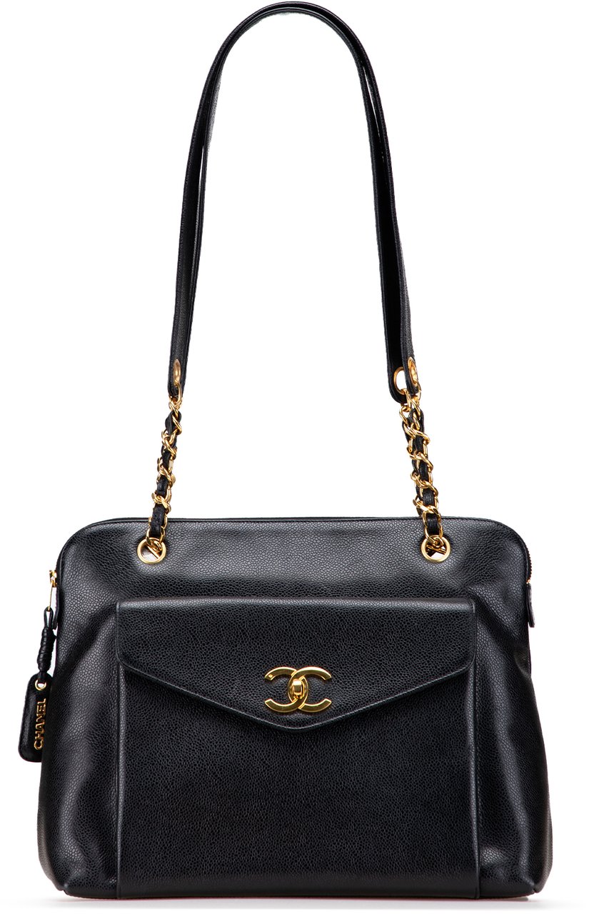Chanel Caviar Front Pocket Chain Tote Zwart
