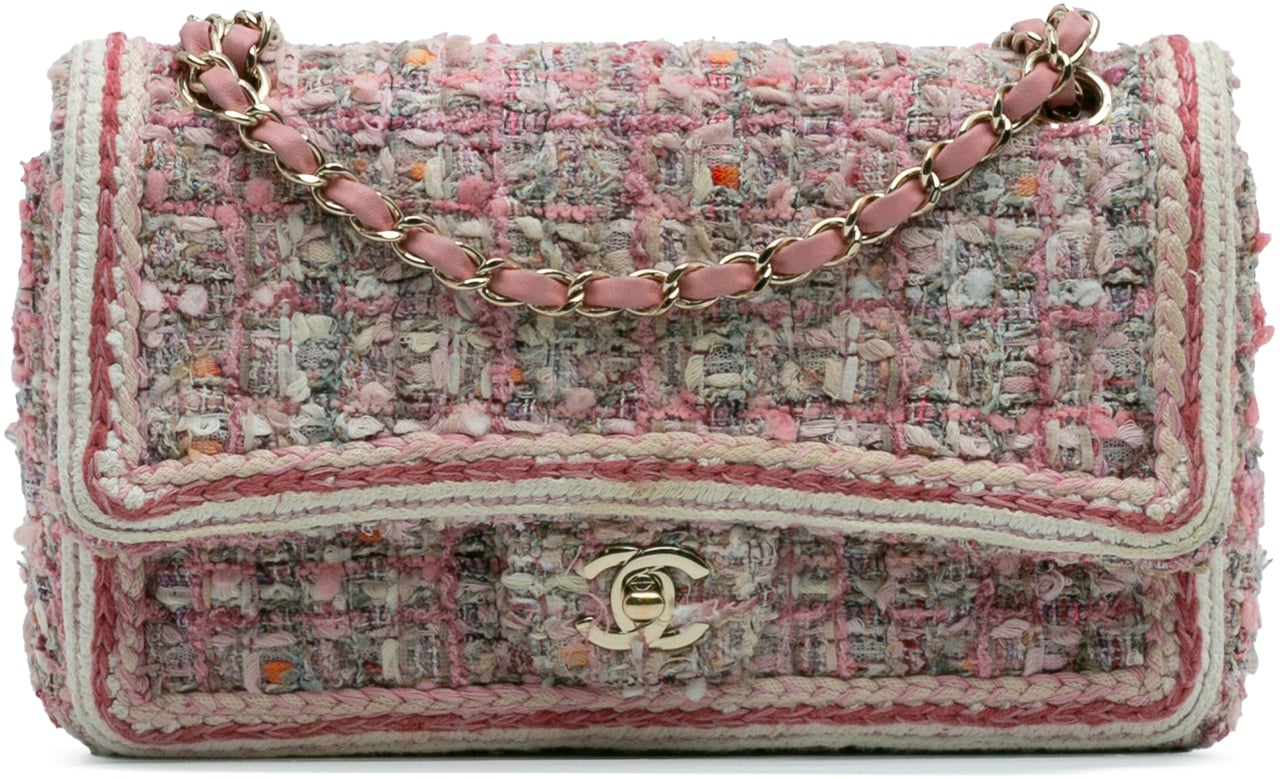 Chanel Medium Classic Quilted Tweed Braided Double Flap Roze
