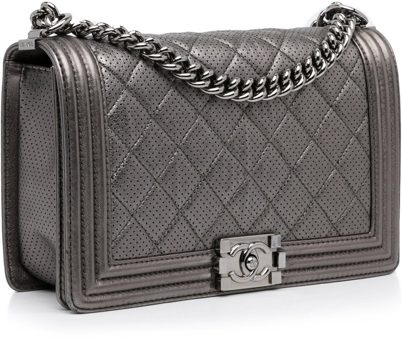 Chanel Medium Quilted Perforated Metallic Lambskin Boy Flap Grijs